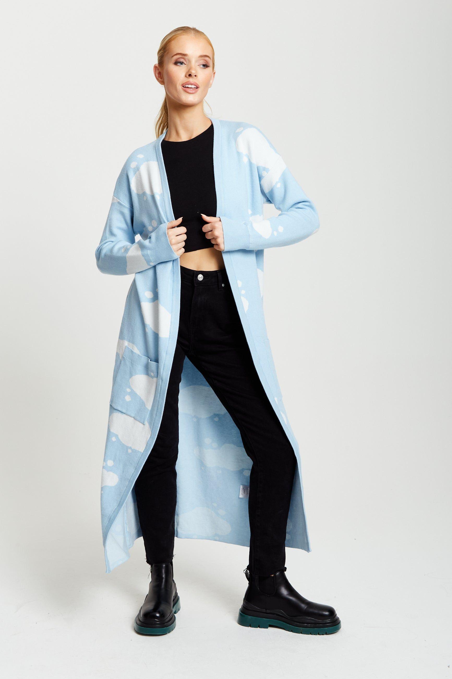 Cloud Pattern Longline Cardigan In Light Blue by LIQUORISH