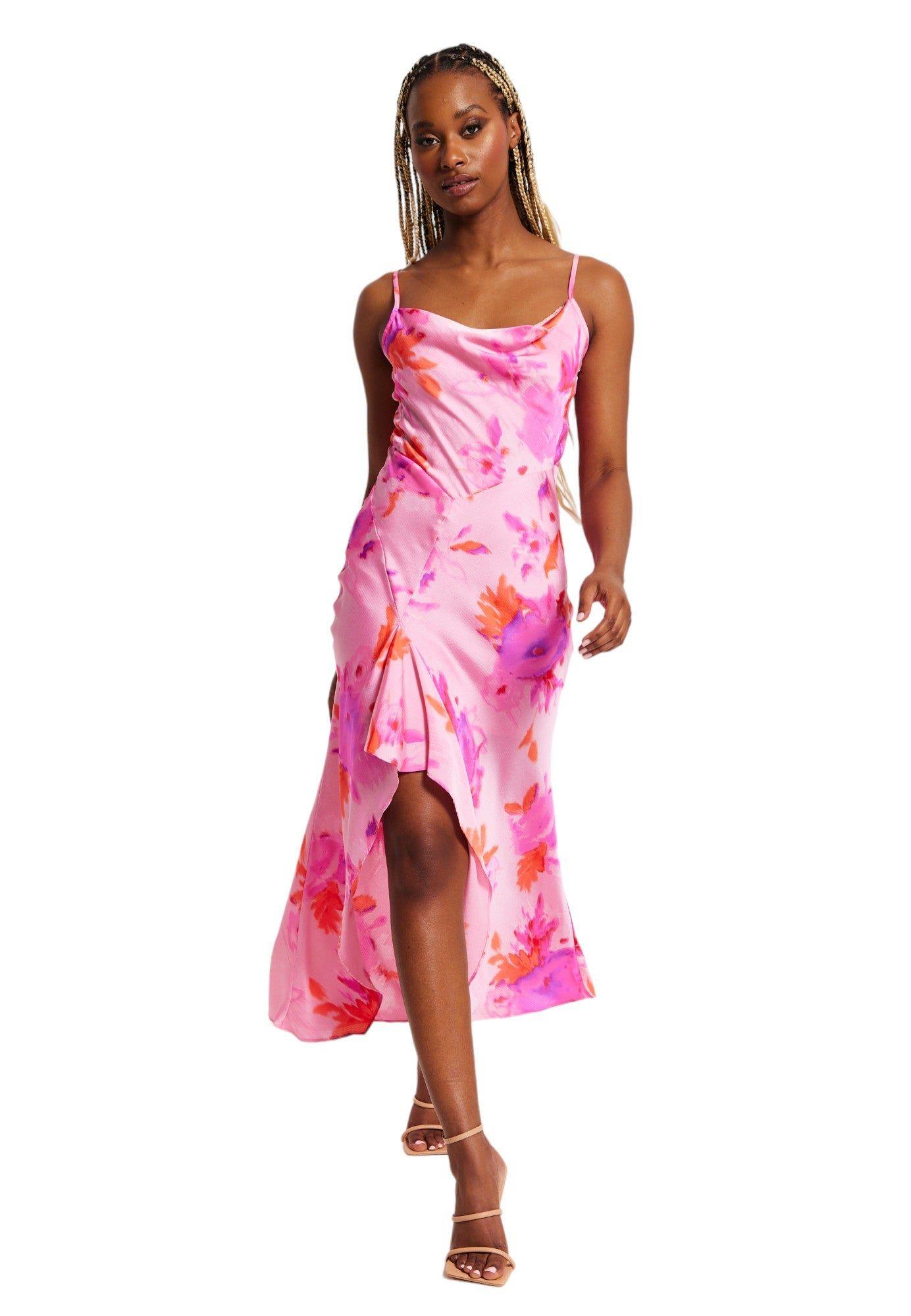 Cowl Neck Maxi Floral Print Dress in Pink by LIQUORISH
