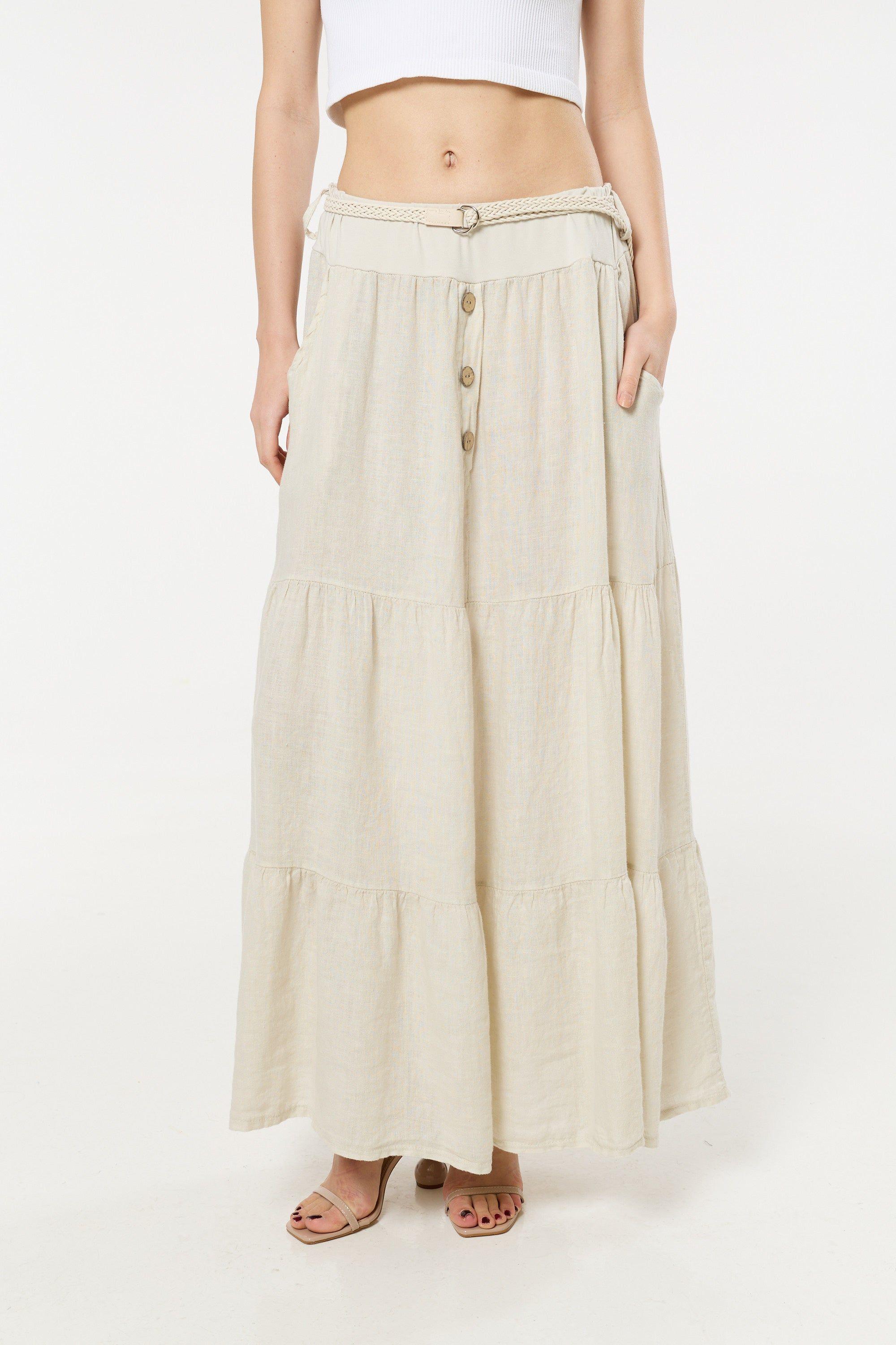 Cream Linen Tiered Maxi Skirt With Belt by LIQUORISH