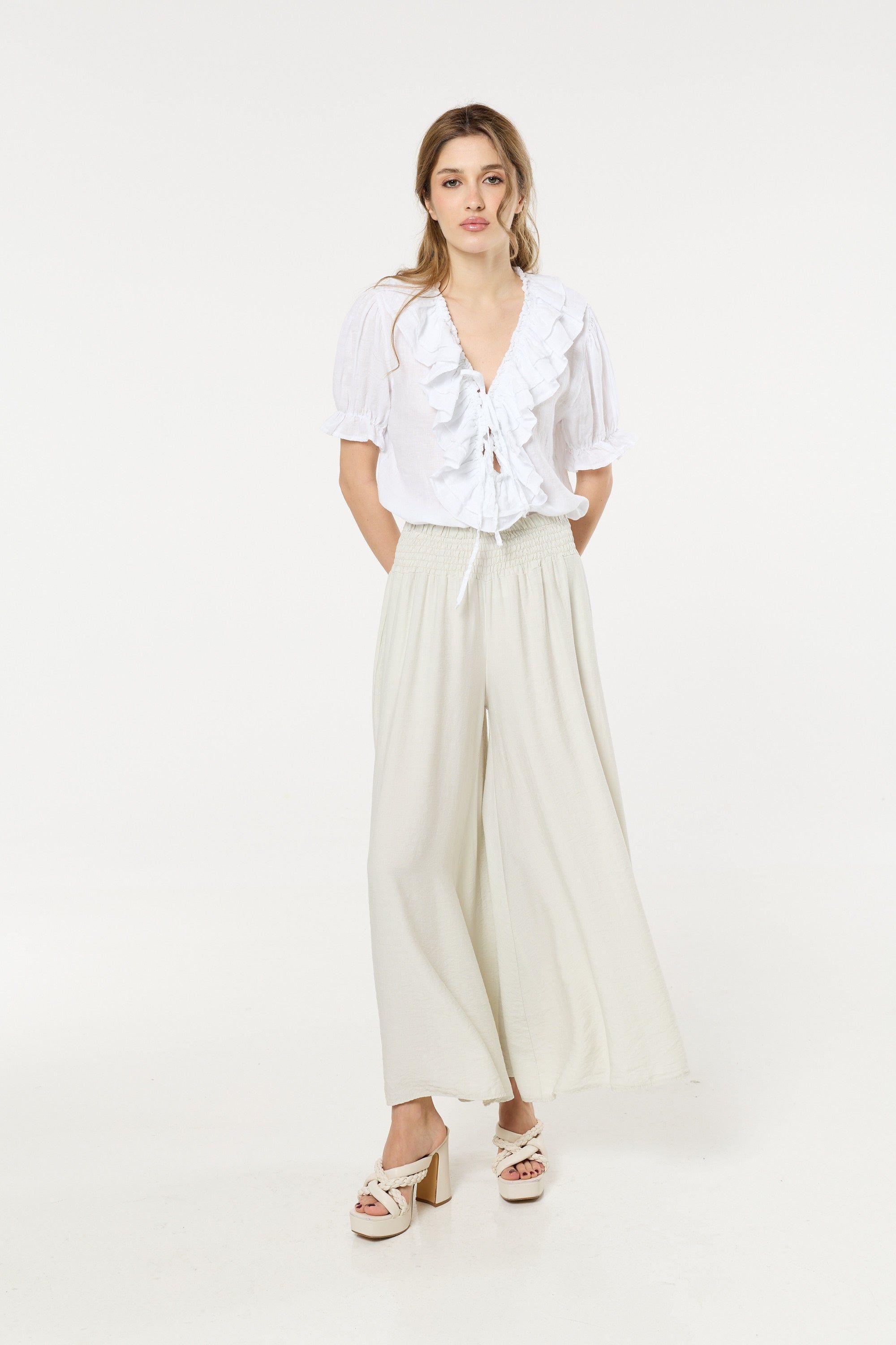 Cream Smocked Wide Leg Trousers by LIQUORISH