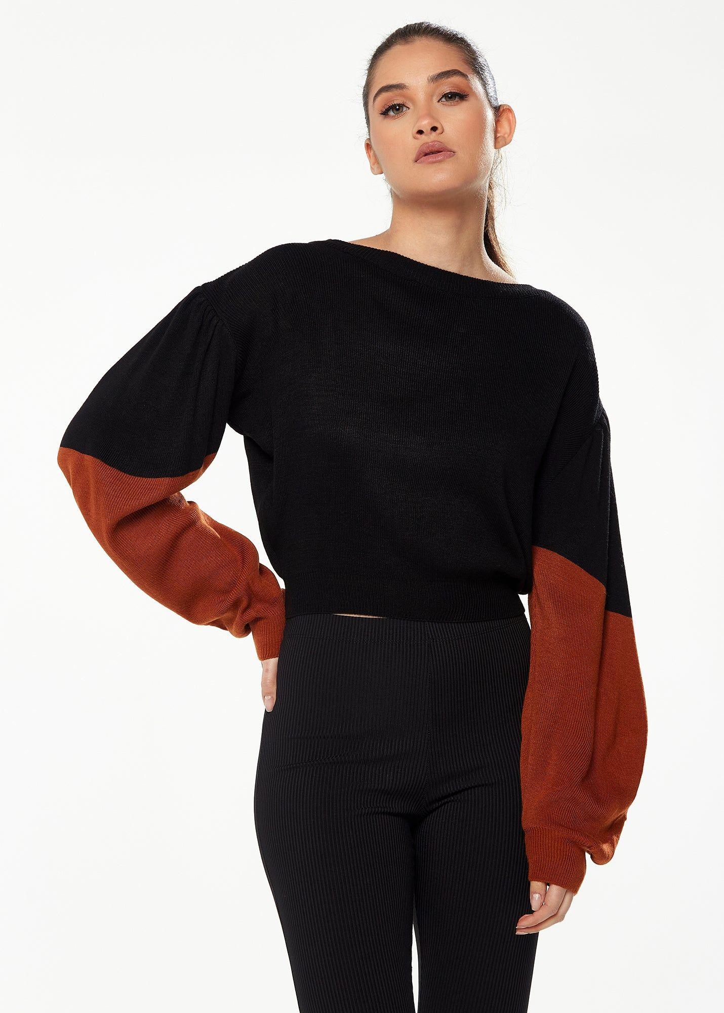 Crop Jumper in Black with Contrast Sleeves in Brown by LIQUORISH