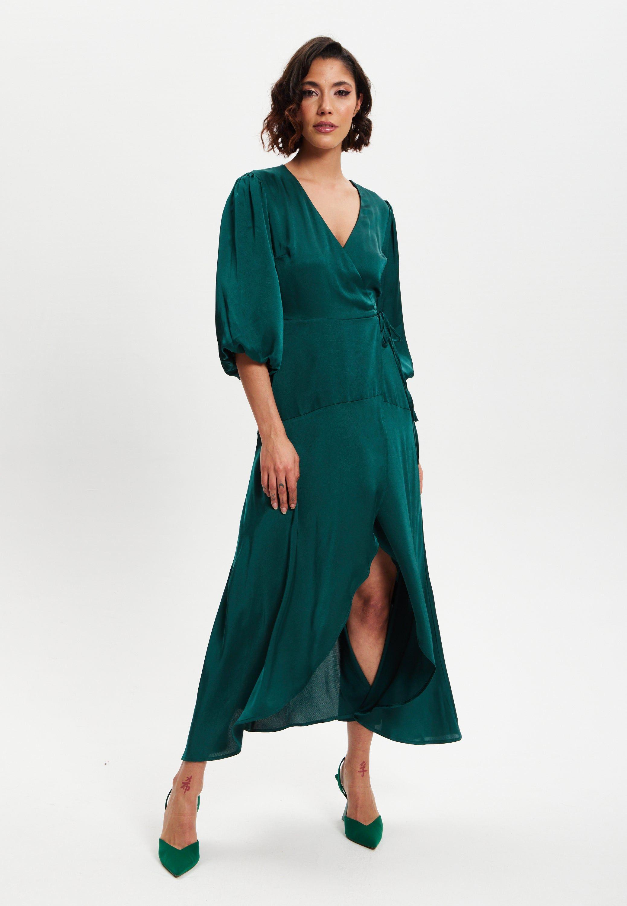 Dark Green Midi Wrap Dress With Short Puff Sleeves by LIQUORISH