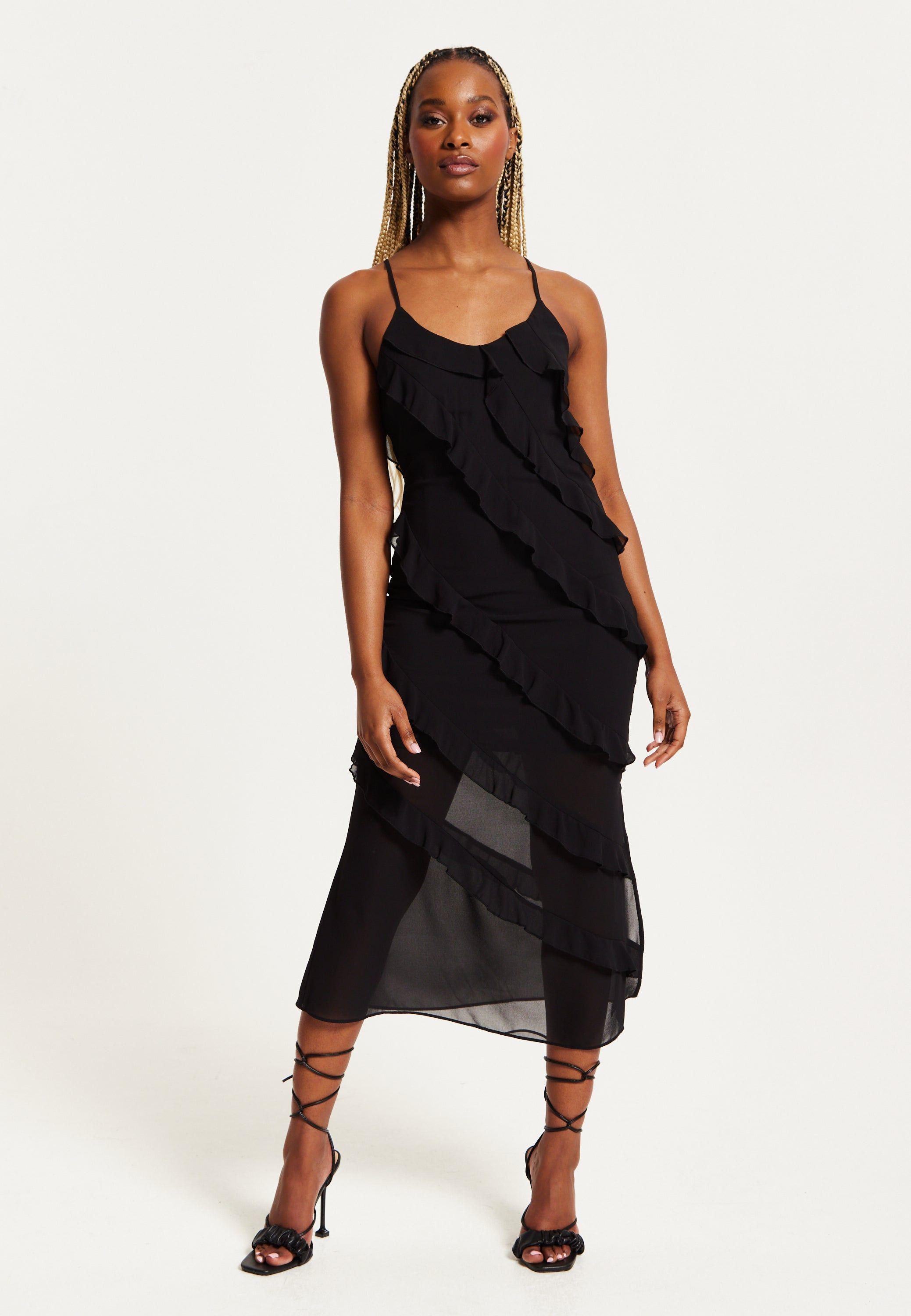 Diagonal Frill Strap Midi Dress In Black by LIQUORISH