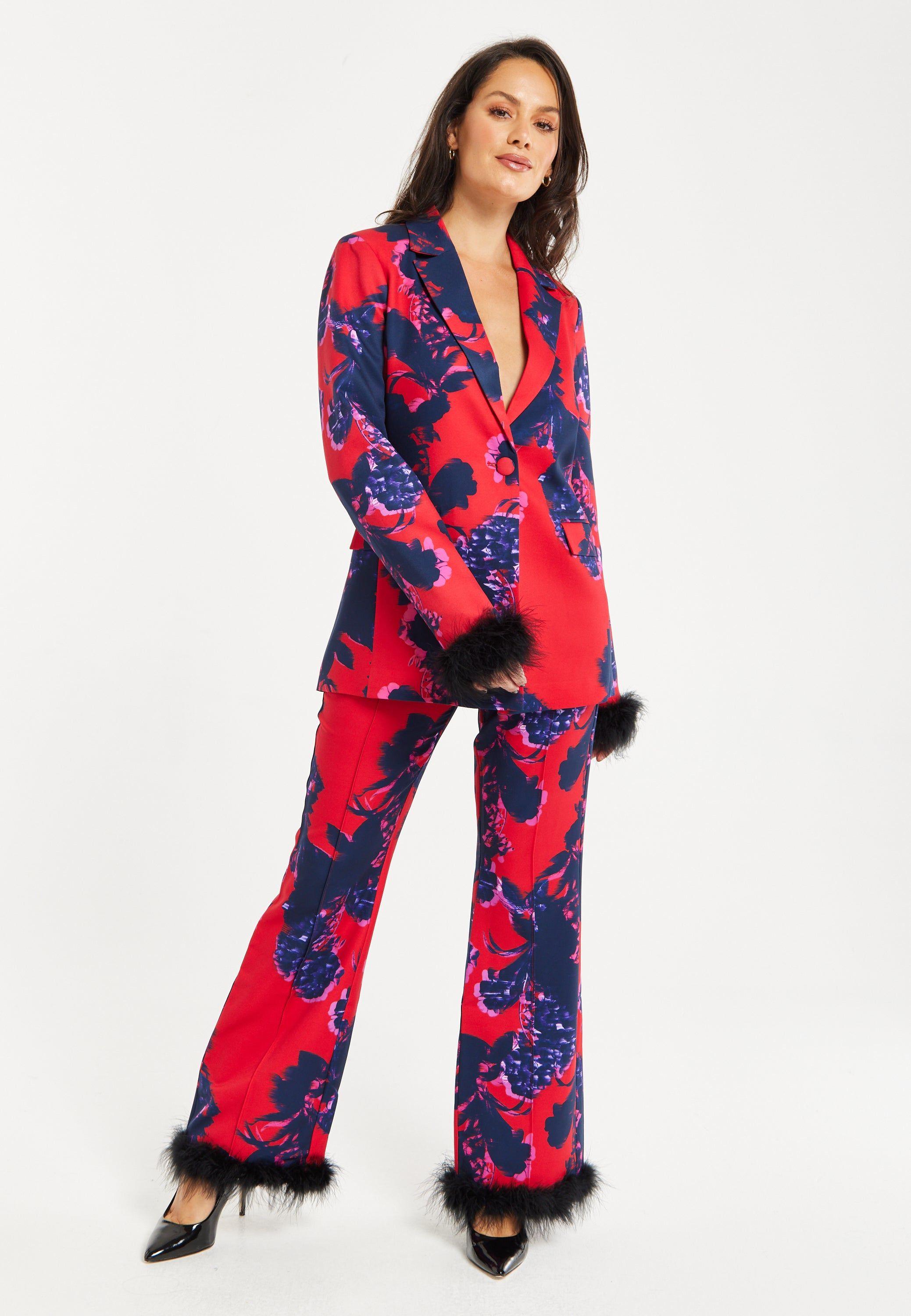 Floral Print Blazer With Fluffy Trim by LIQUORISH