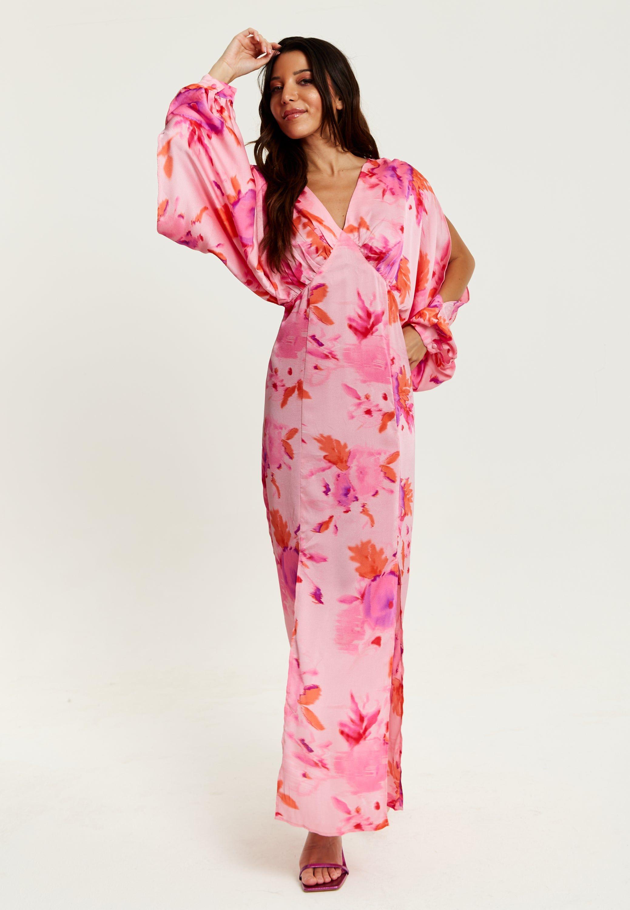 Floral Print Maxi Dress In Pink With Sleeve Slits by LIQUORISH