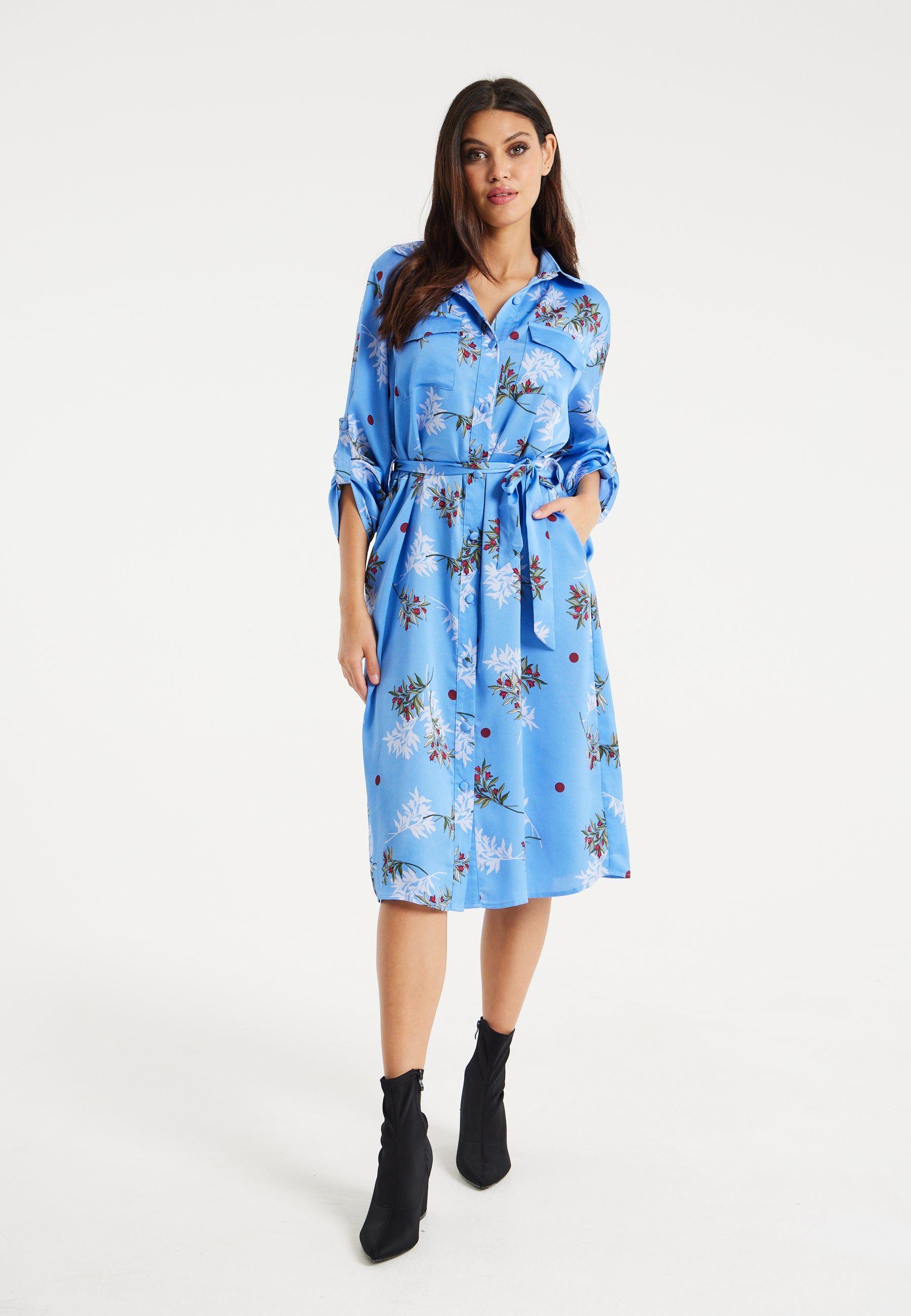 Floral Print Shirt Dress In Light Blue by LIQUORISH