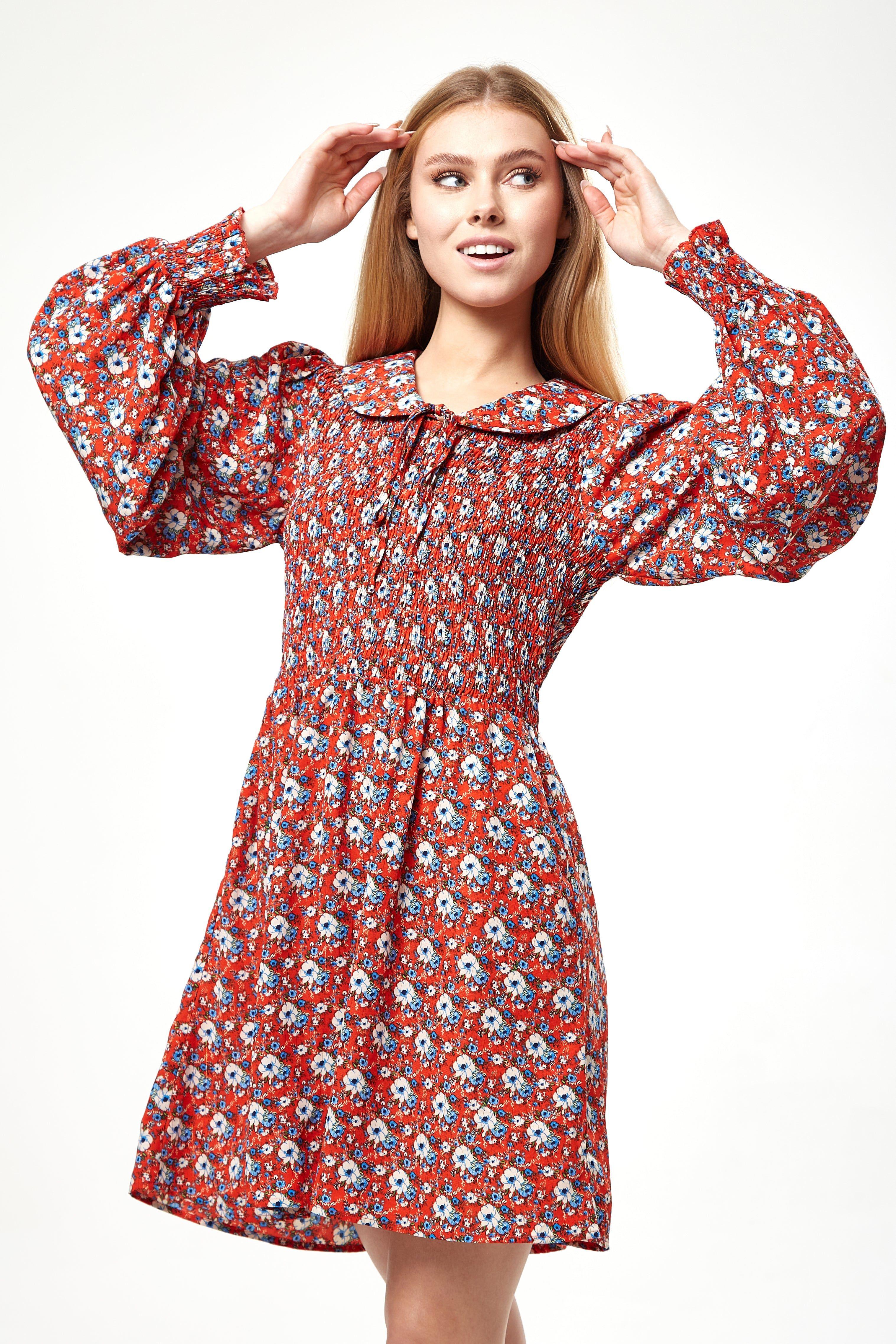 Floral Print Smock Mini Dress With Peter Pan Collar In Red by LIQUORISH