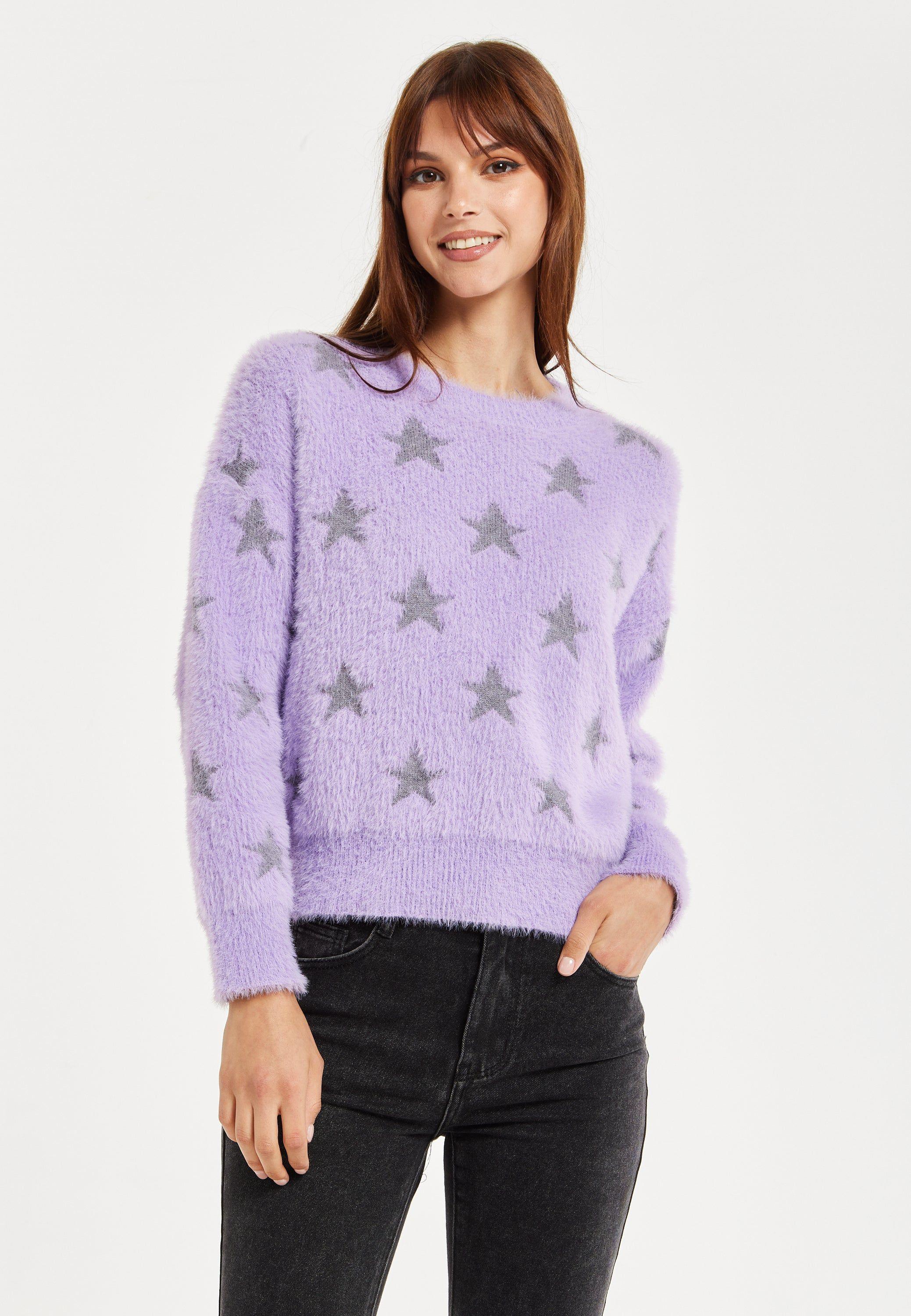 Fluffy Grey Star Pattern Jumper In Lilac by LIQUORISH