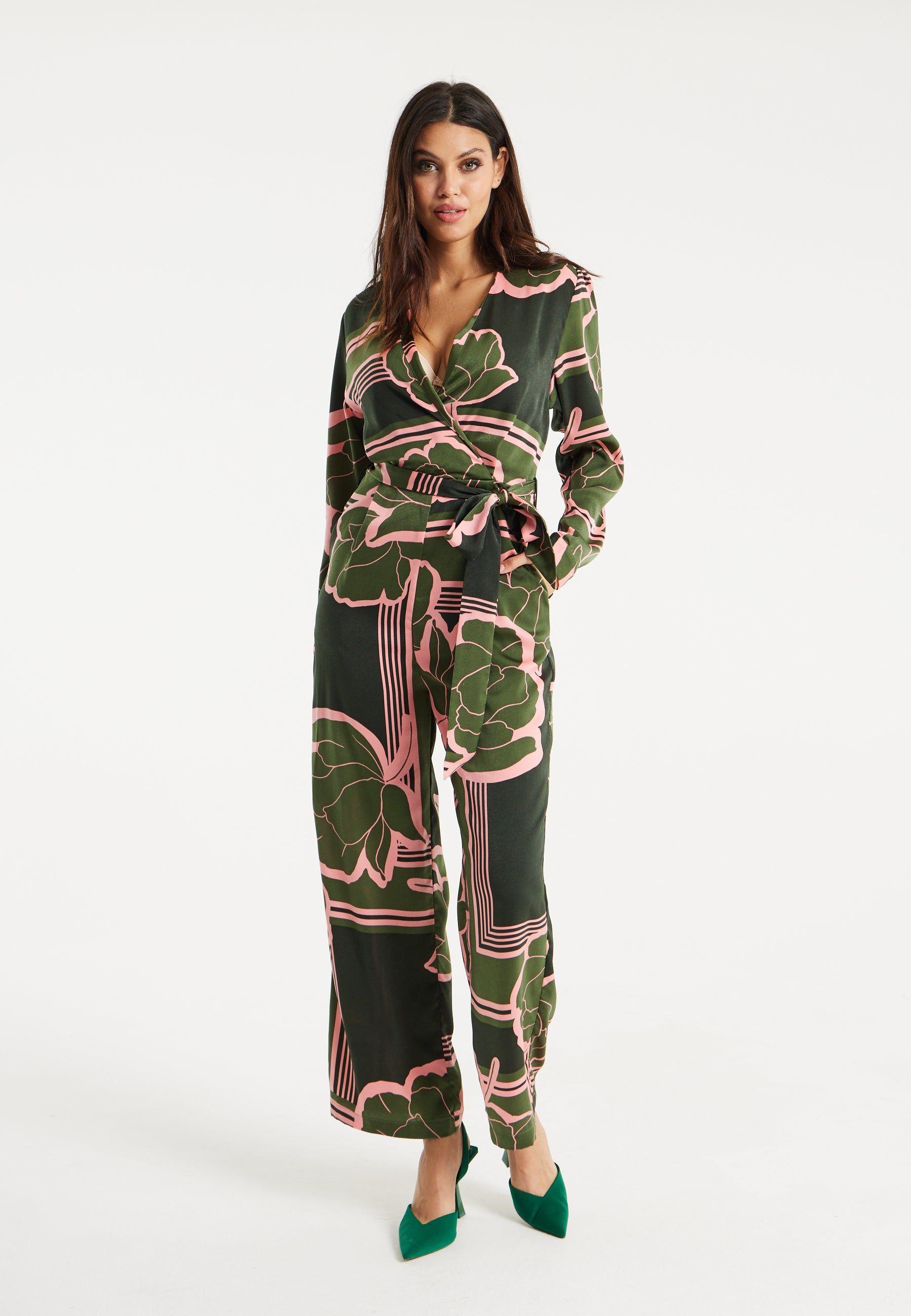 Geometric Floral Print Jumpsuit In Dark Green by LIQUORISH