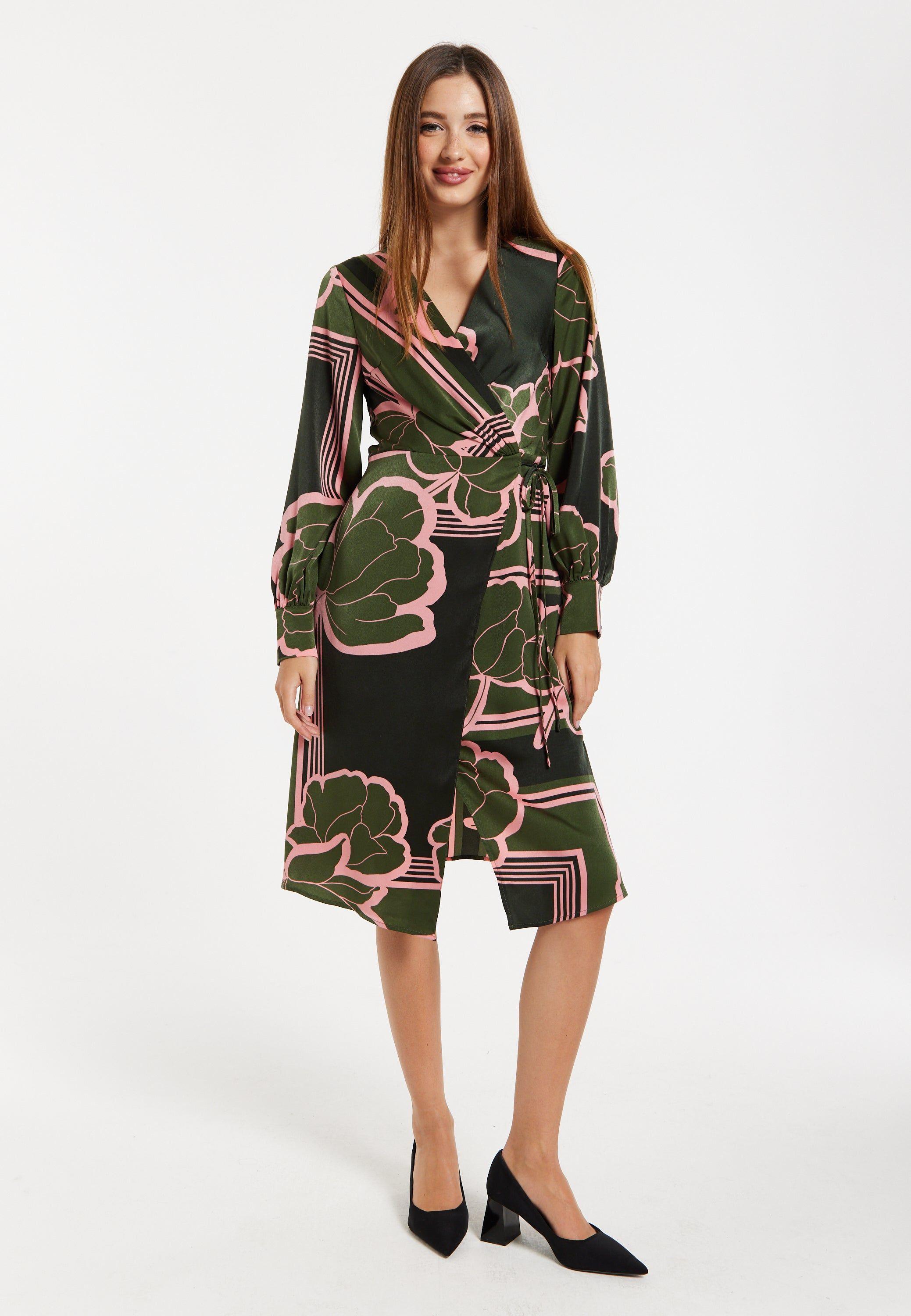 Geometric Floral Print Midi Wrap Dress In Dark Green by LIQUORISH
