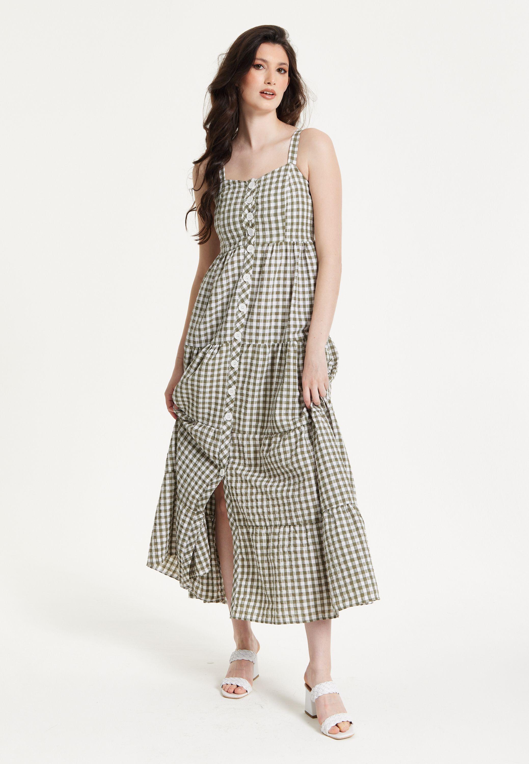 Gingham Tiered Maxi Chekered Dress by LIQUORISH