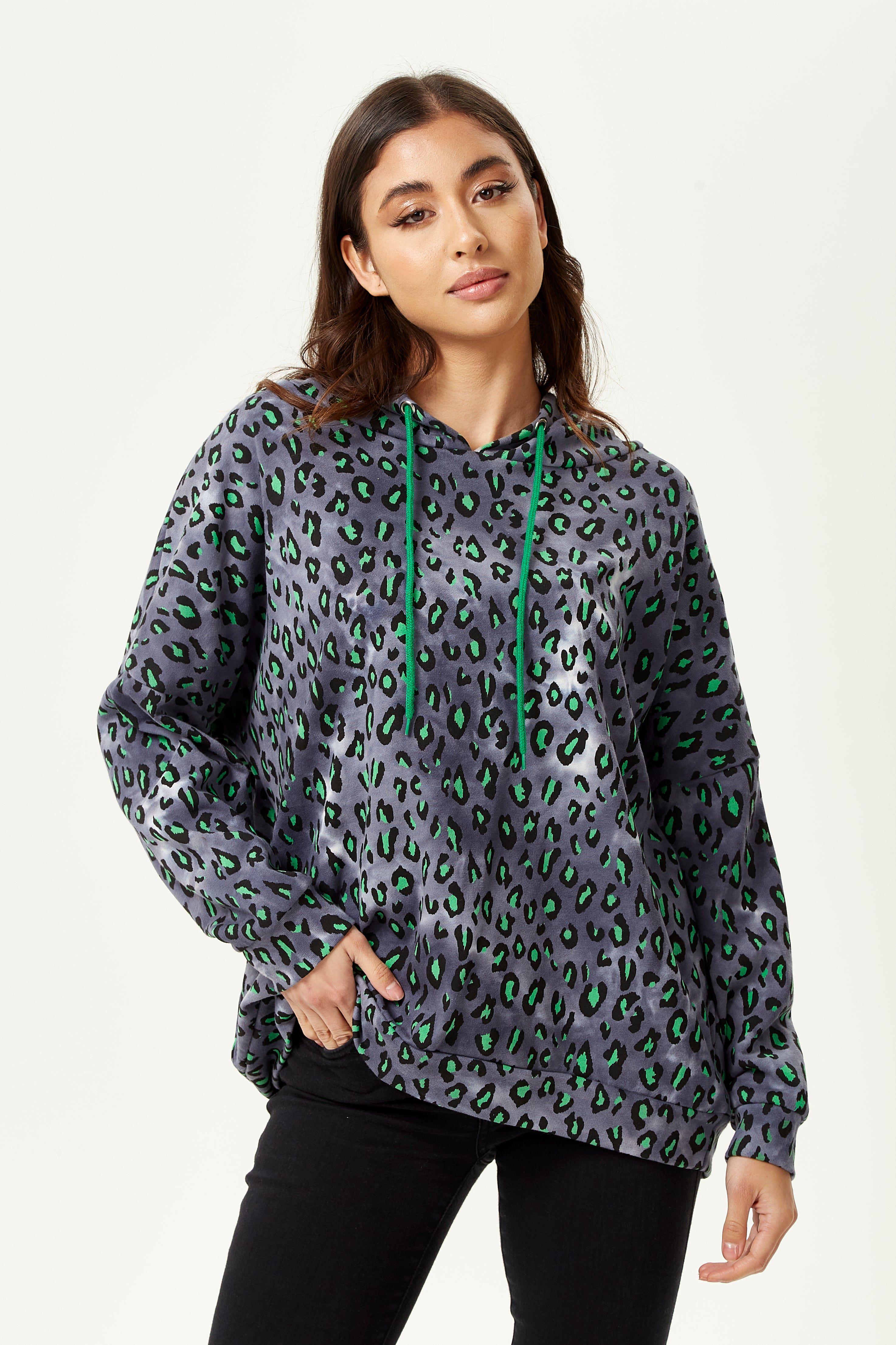 Green Animal Print Hoodie In Grey by LIQUORISH
