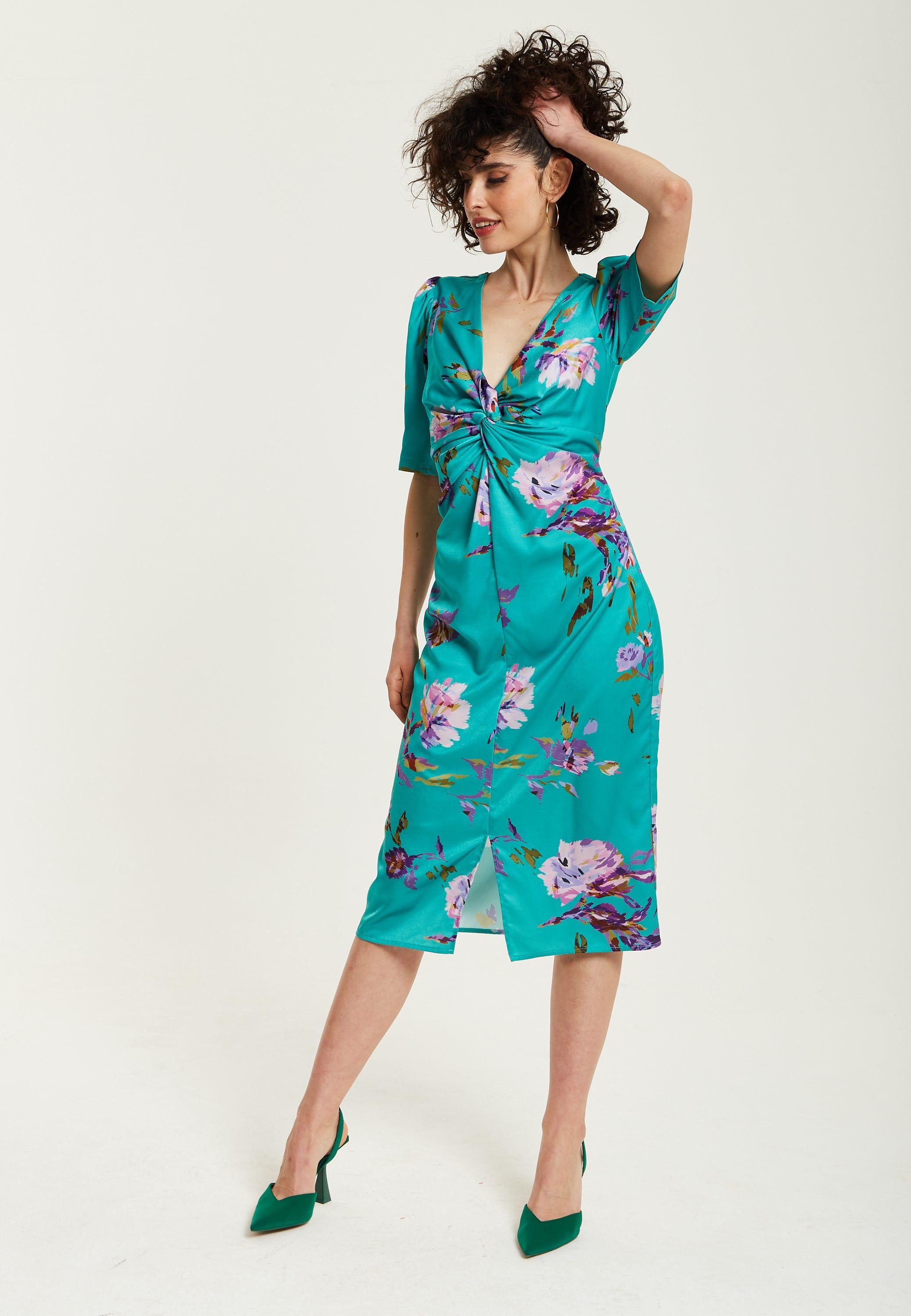 Green Floral Knot Front Midi Dress by LIQUORISH