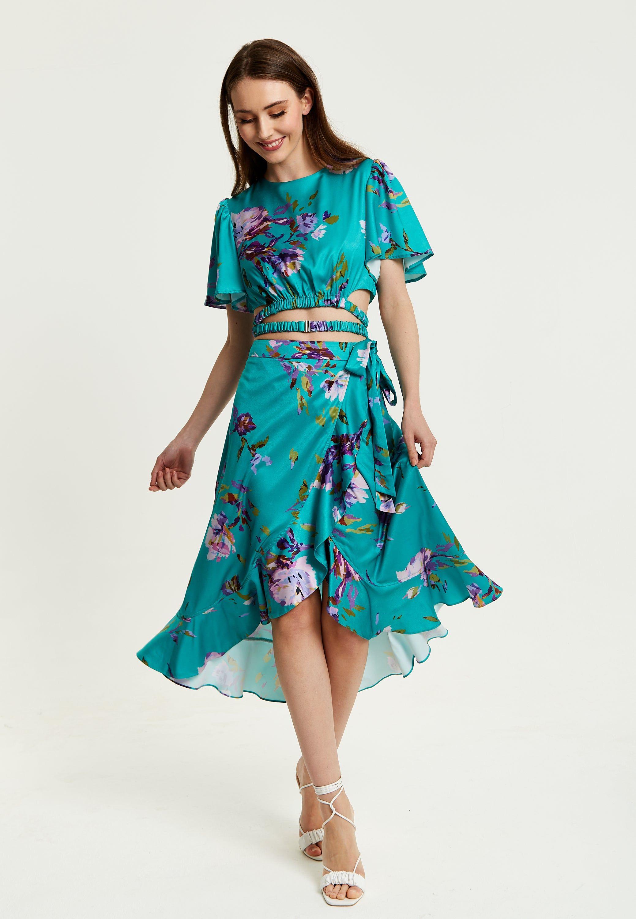 Green Floral Print Midi Wrap Skirt by LIQUORISH