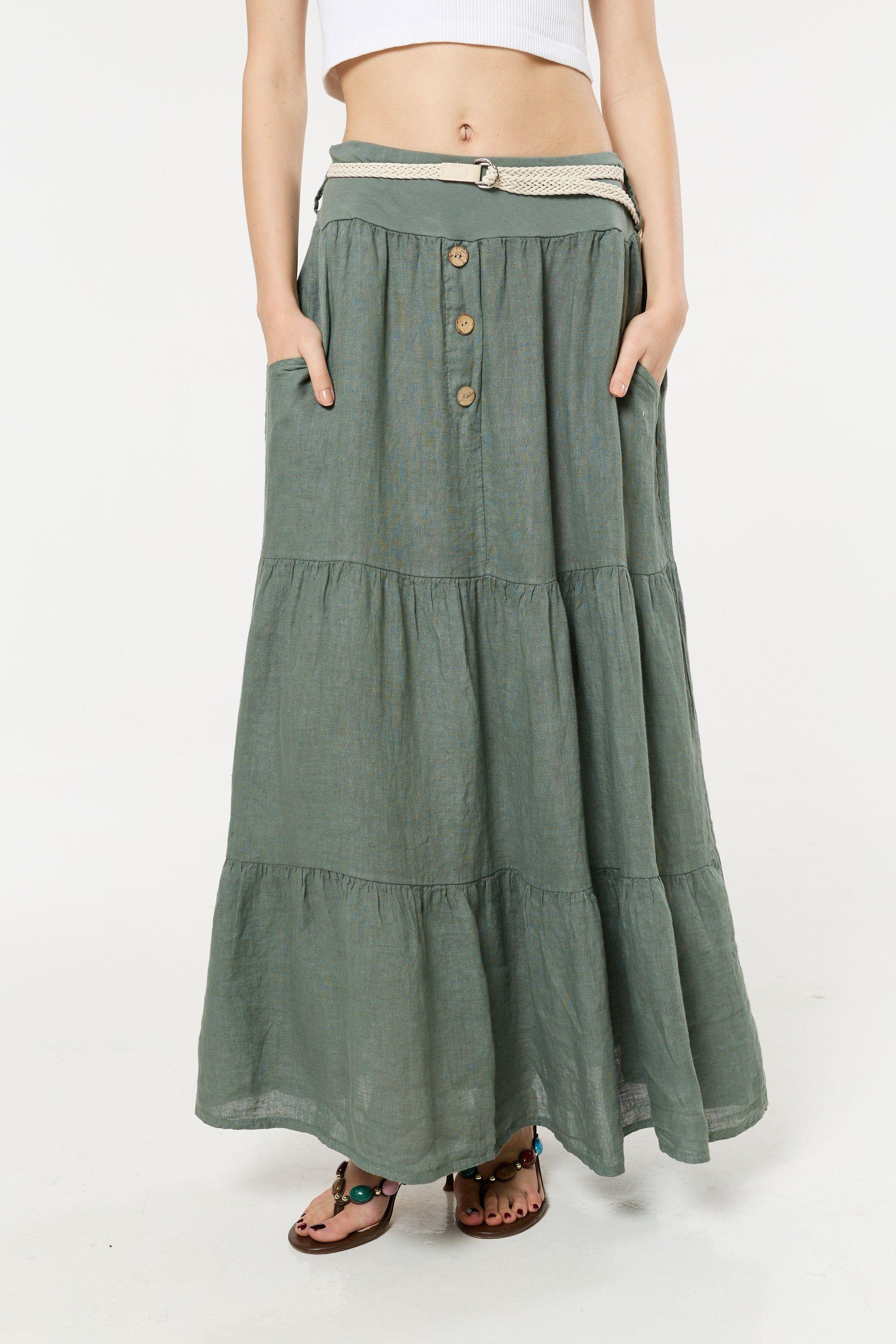 Green Linen Tiered Maxi Skirt With Belt by LIQUORISH