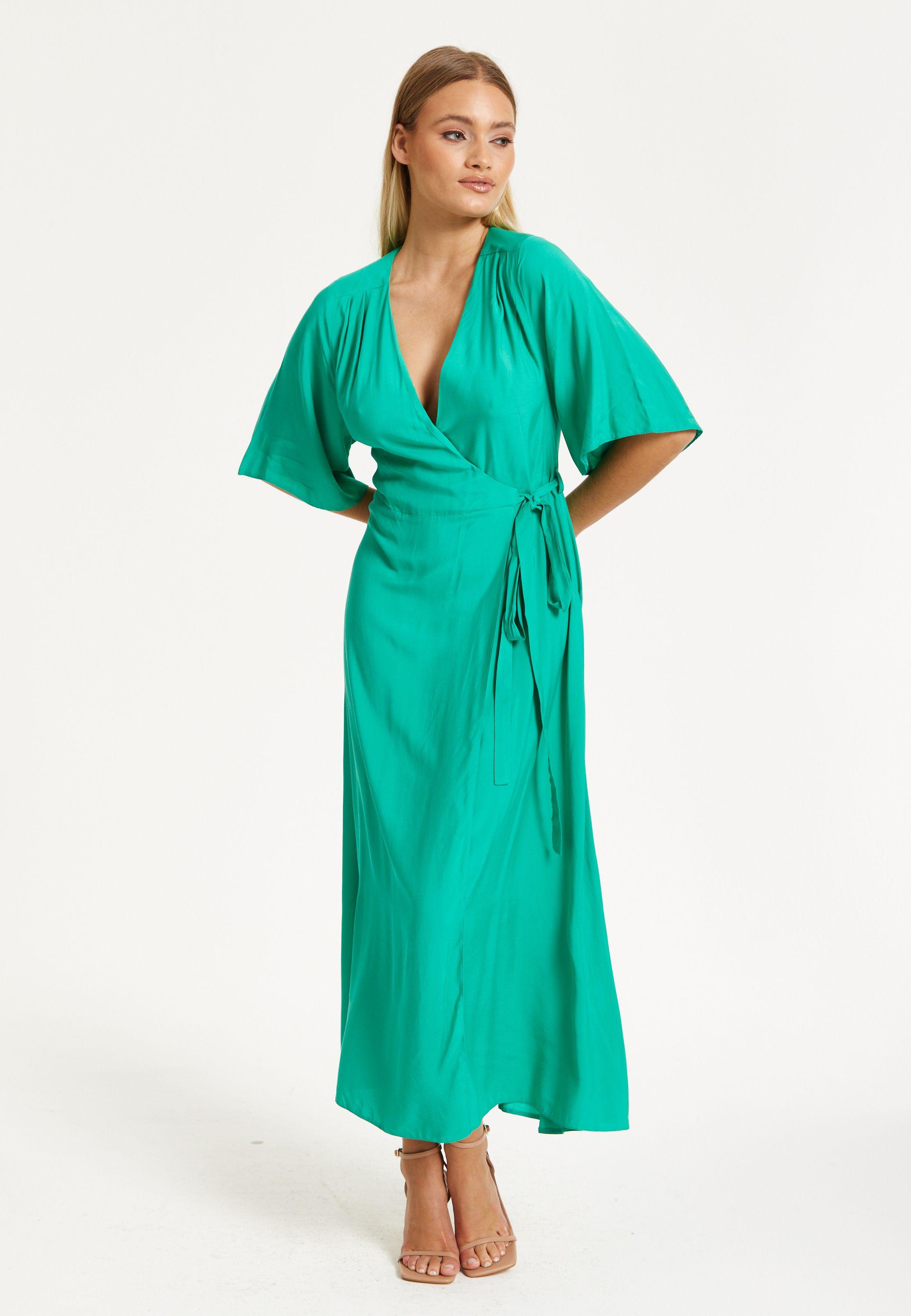 Green Maxi Wrap Dress With Kimono Sleeves by LIQUORISH