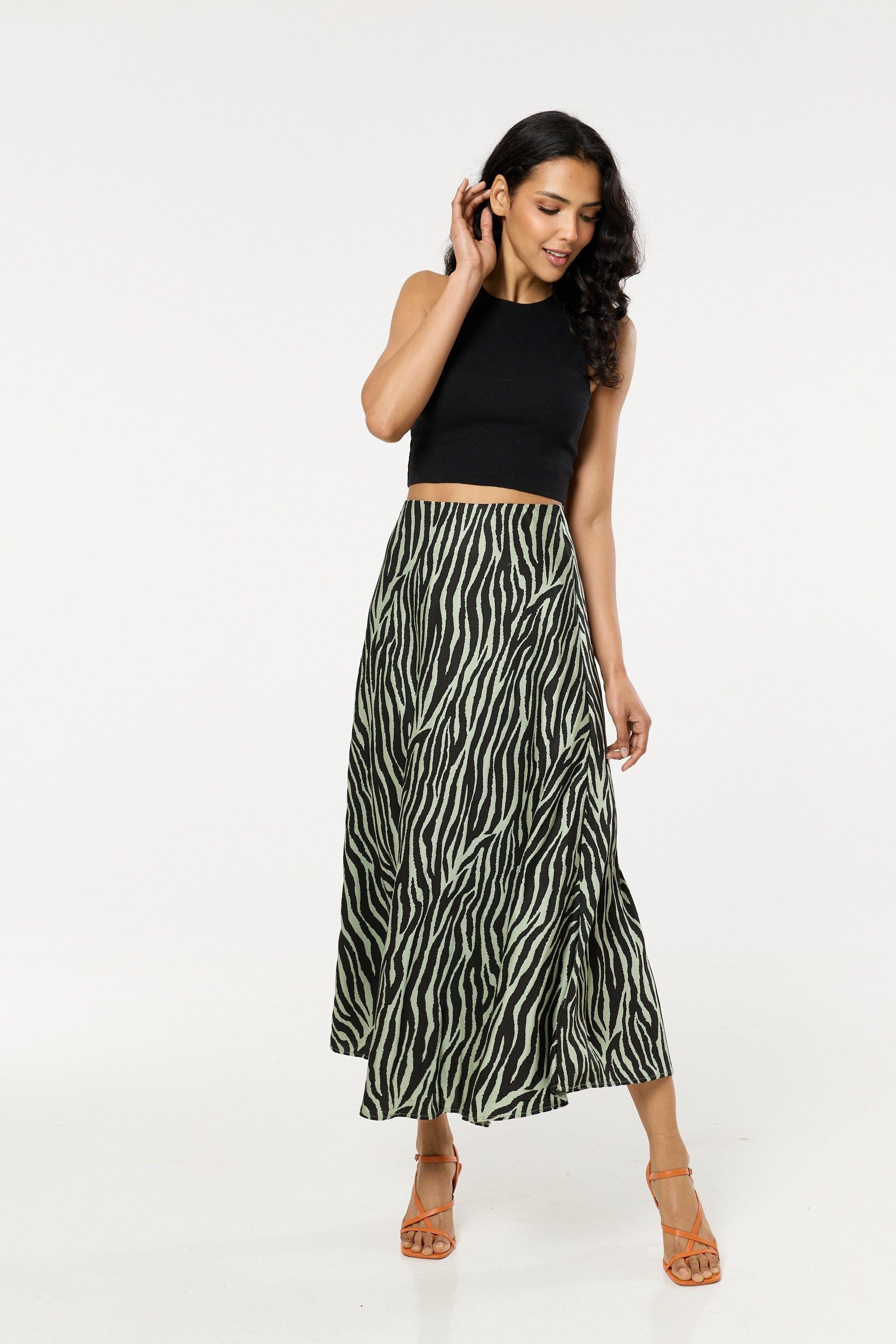 Green Zebra Print Satin Silk Blend Maxi Skirt by LIQUORISH