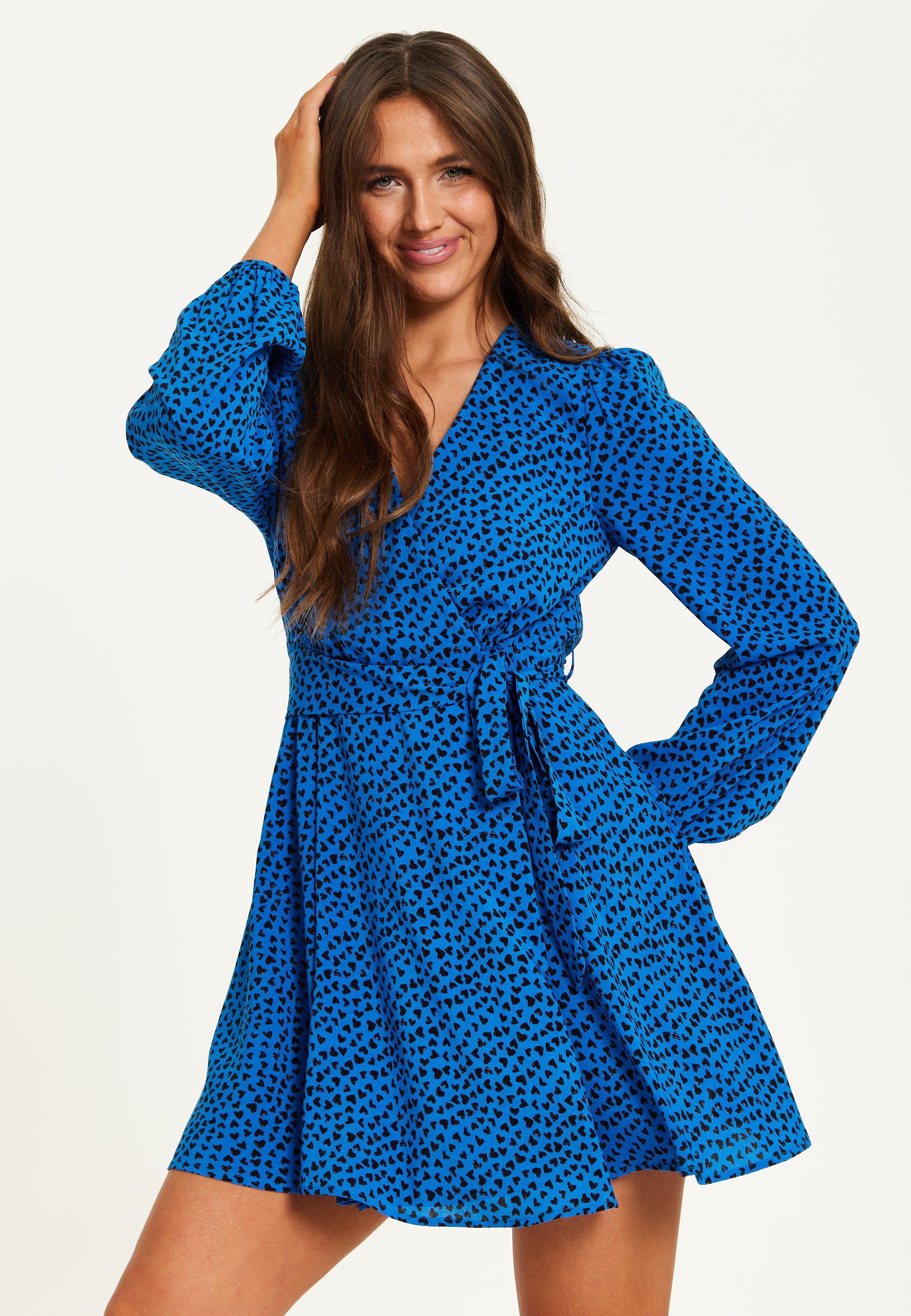 Heart Print Mini Wrap Dress With Long Sleeves In Royal Blue by LIQUORISH