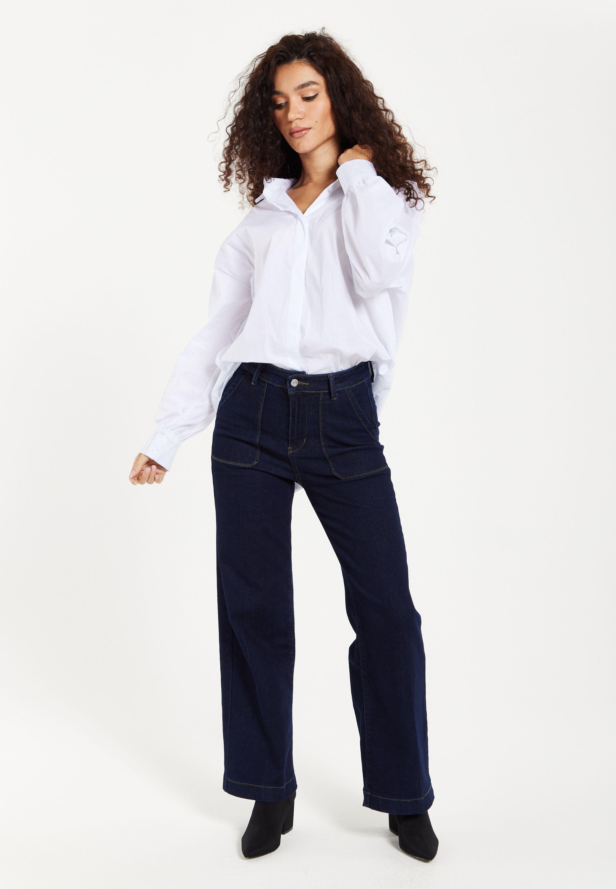 High-Waisted Dark Navy Wide-Leg Jeans by LIQUORISH