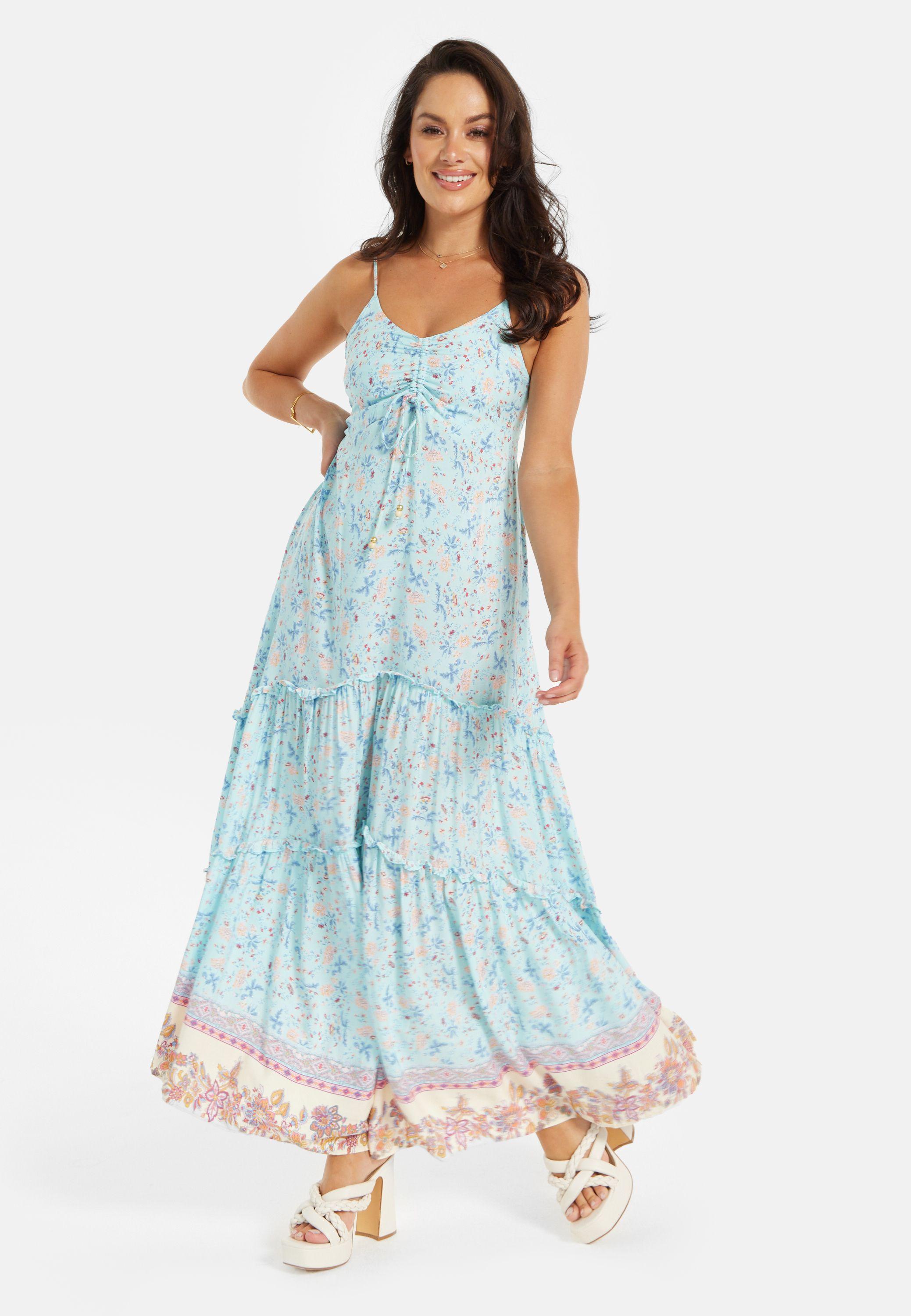 Light Blue Floral Cami Maxi Dress with Contrast Hem by LIQUORISH