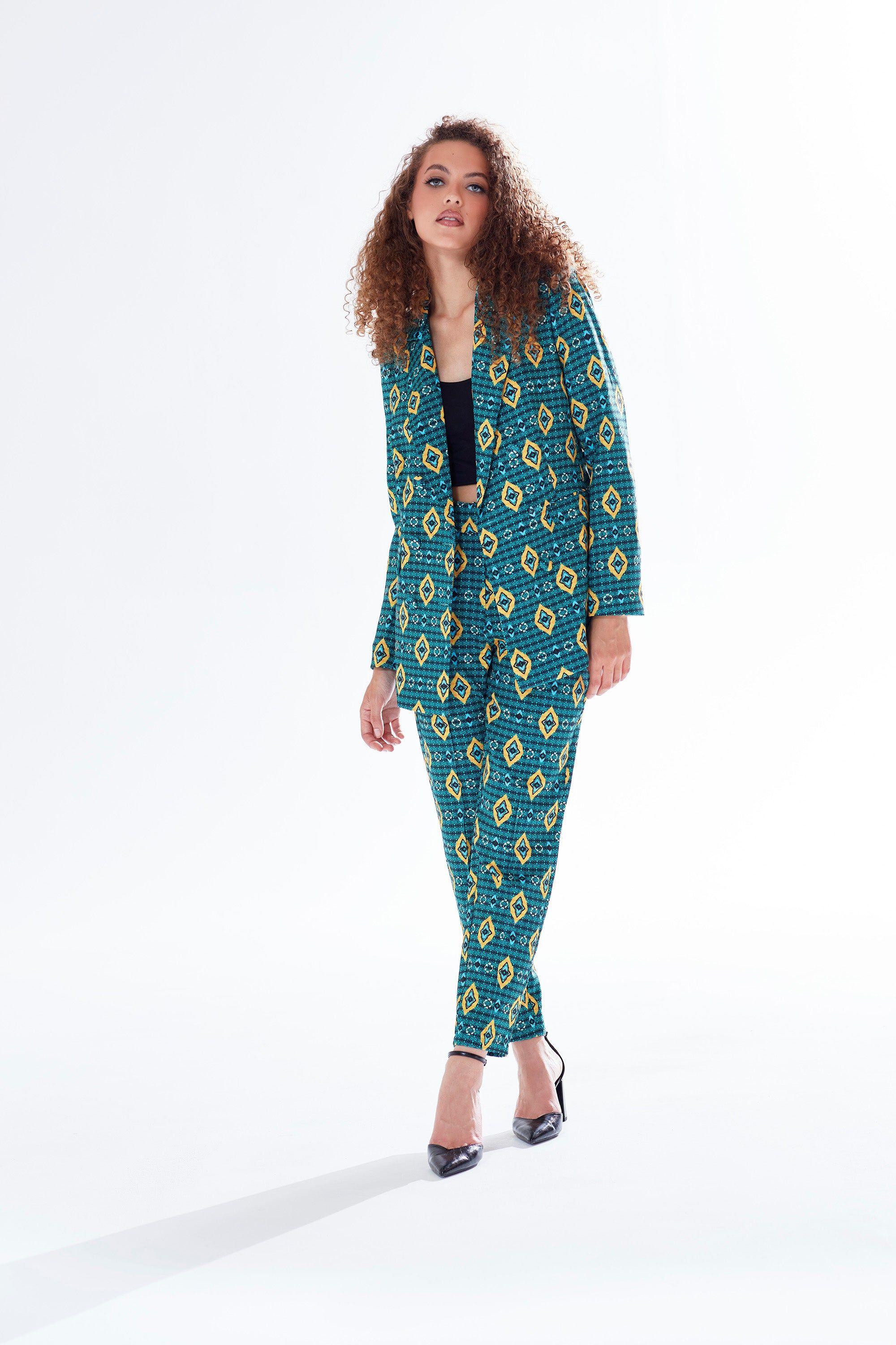 Liquorish African Print Blazer In Green by LIQUORISH
