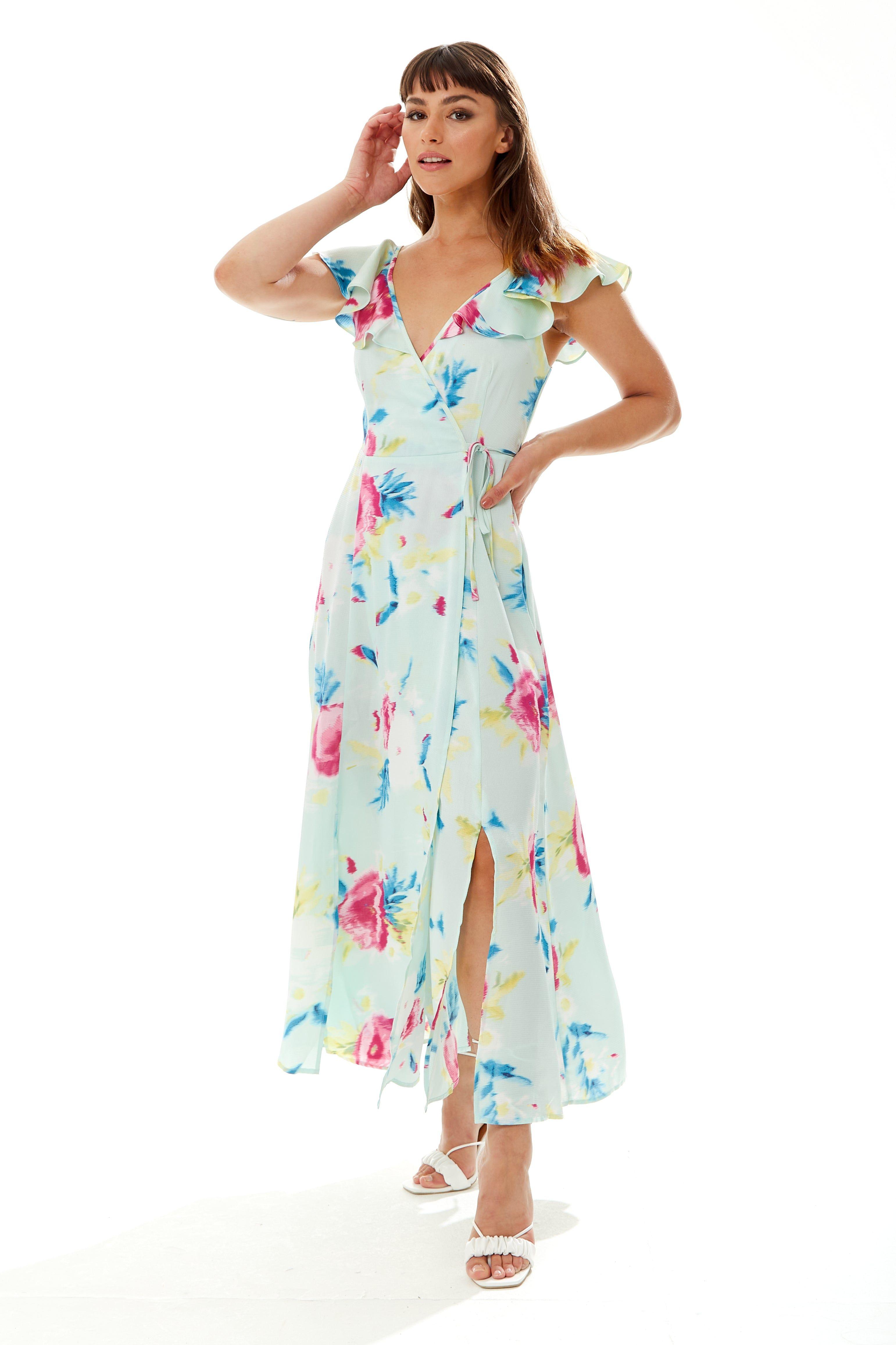 Maxi Floral Print Wrap Dress in Mint Green by LIQUORISH