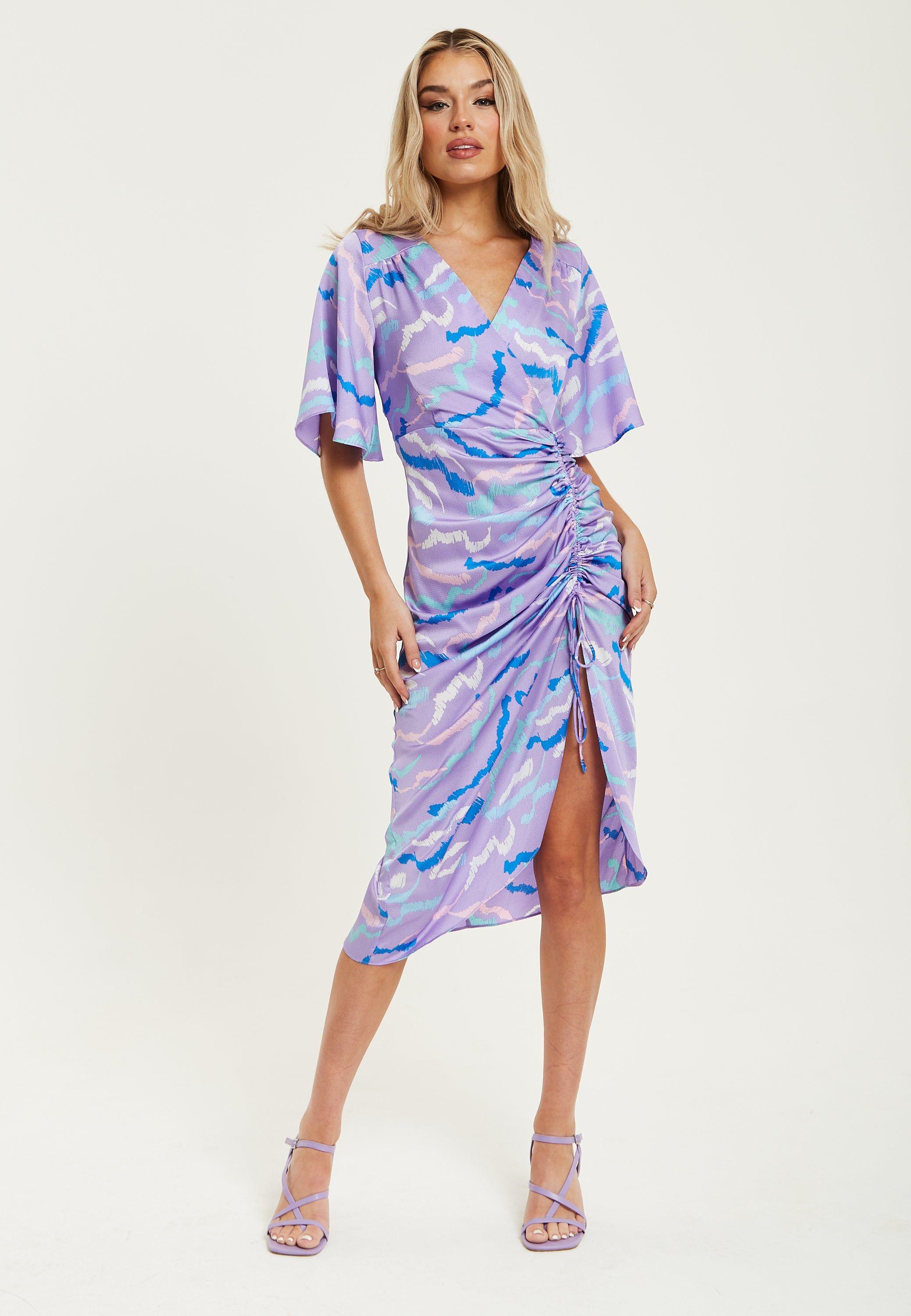 Midi Wrap Dress With Abstract Zebra Print in Lilac by LIQUORISH