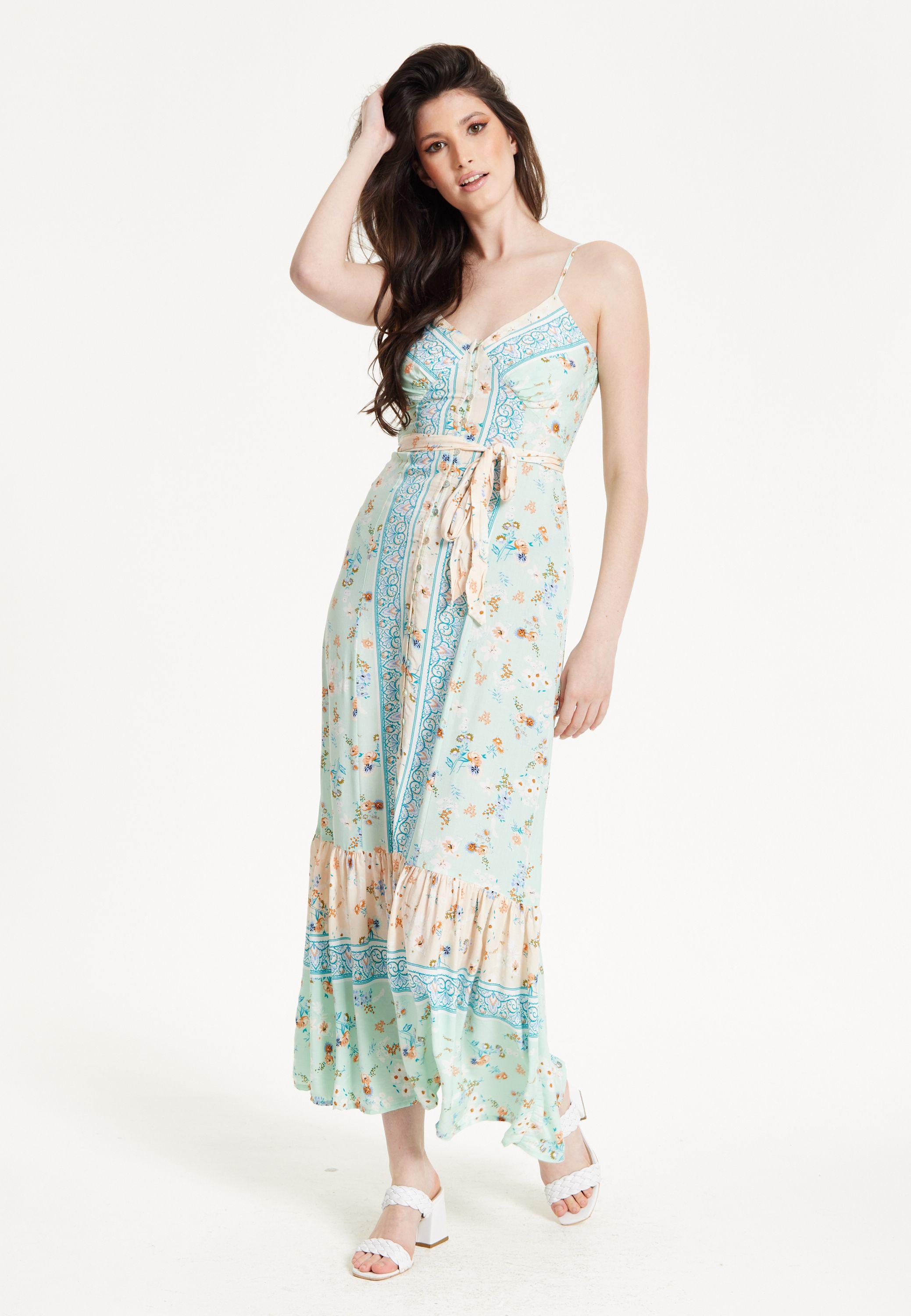 Mint Boho Floral Tie Front Maxi Dress by LIQUORISH