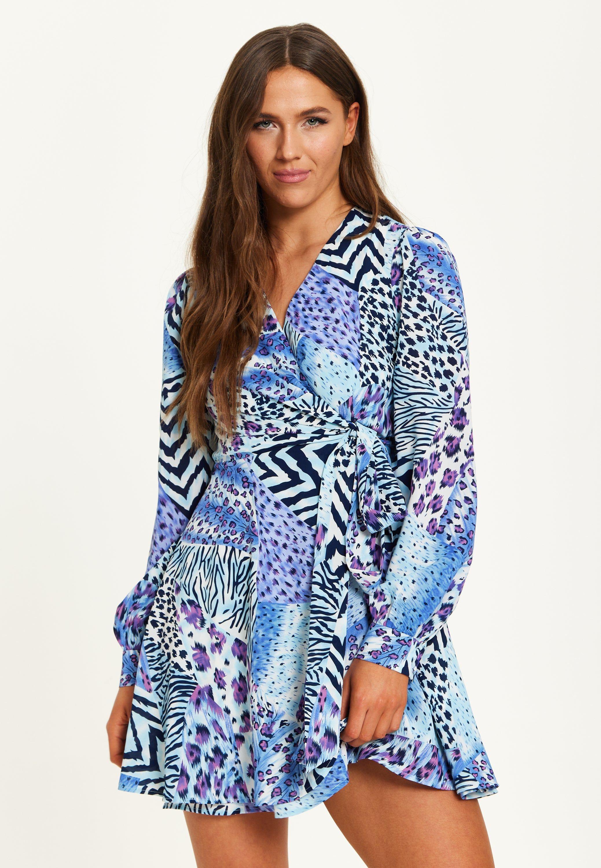 Mixed Animal Print Mini Wrap Dress With Long Sleeves In Blue by LIQUORISH