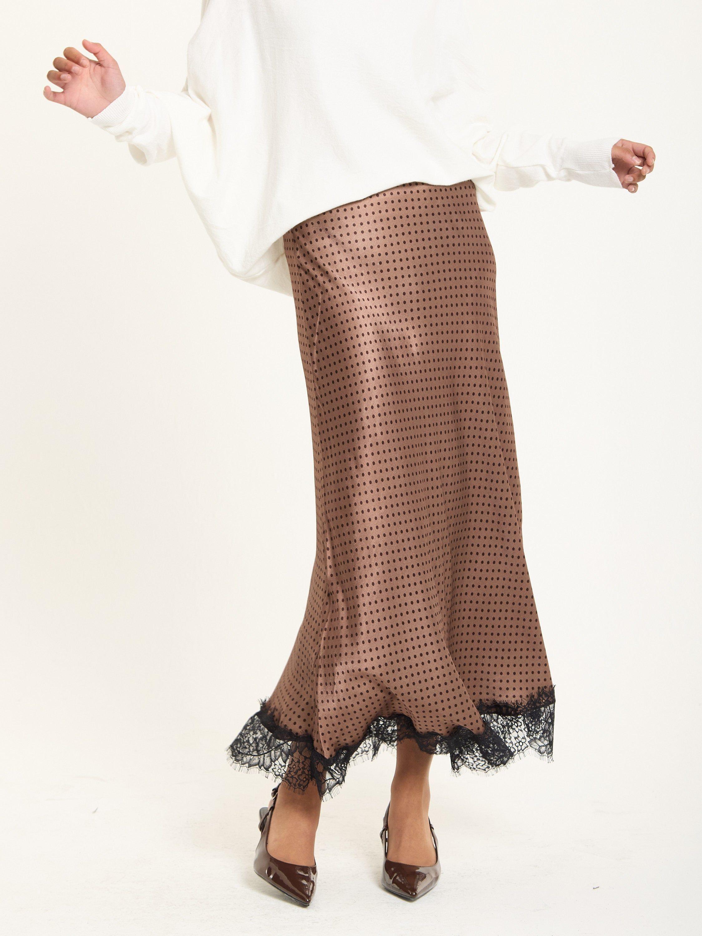 Mocha Polka Dot Skirt with Black Lace Trim by LIQUORISH
