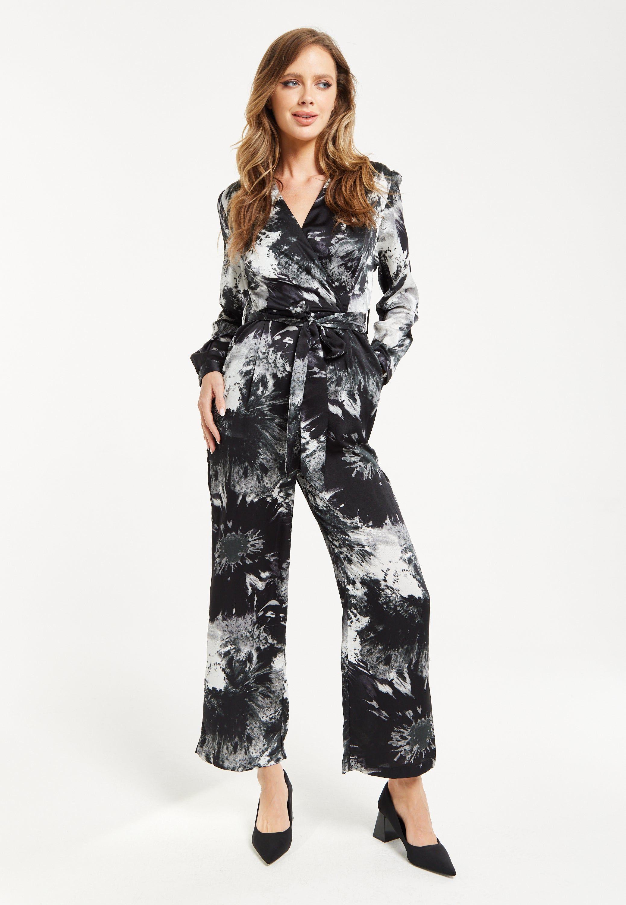 Mono Abstract Print Jumpsuit Long Sleeve by LIQUORISH