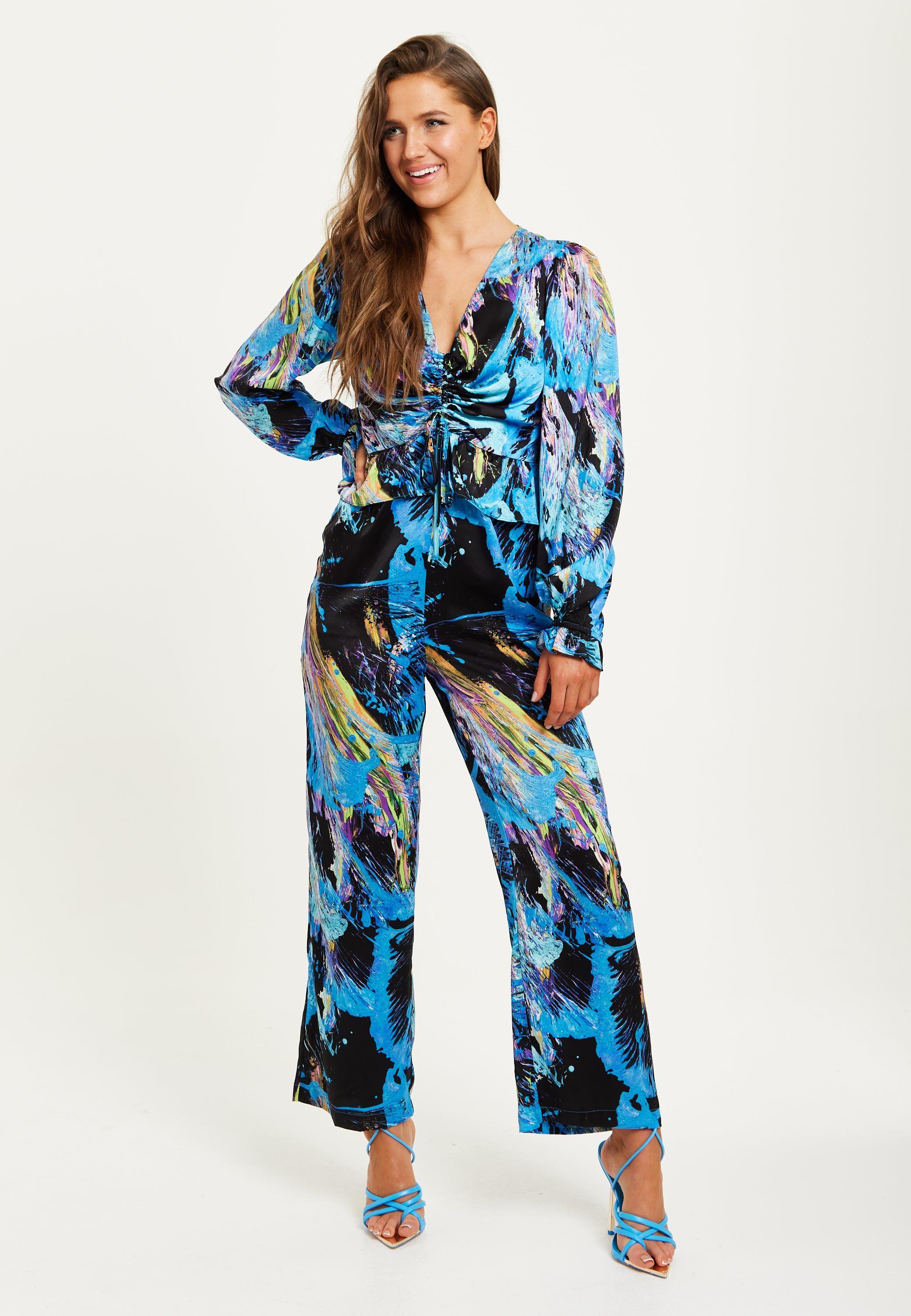 Multicolour Abstract Print Jumpsuit With Ruched Front And Long Sleeves by LIQUORISH