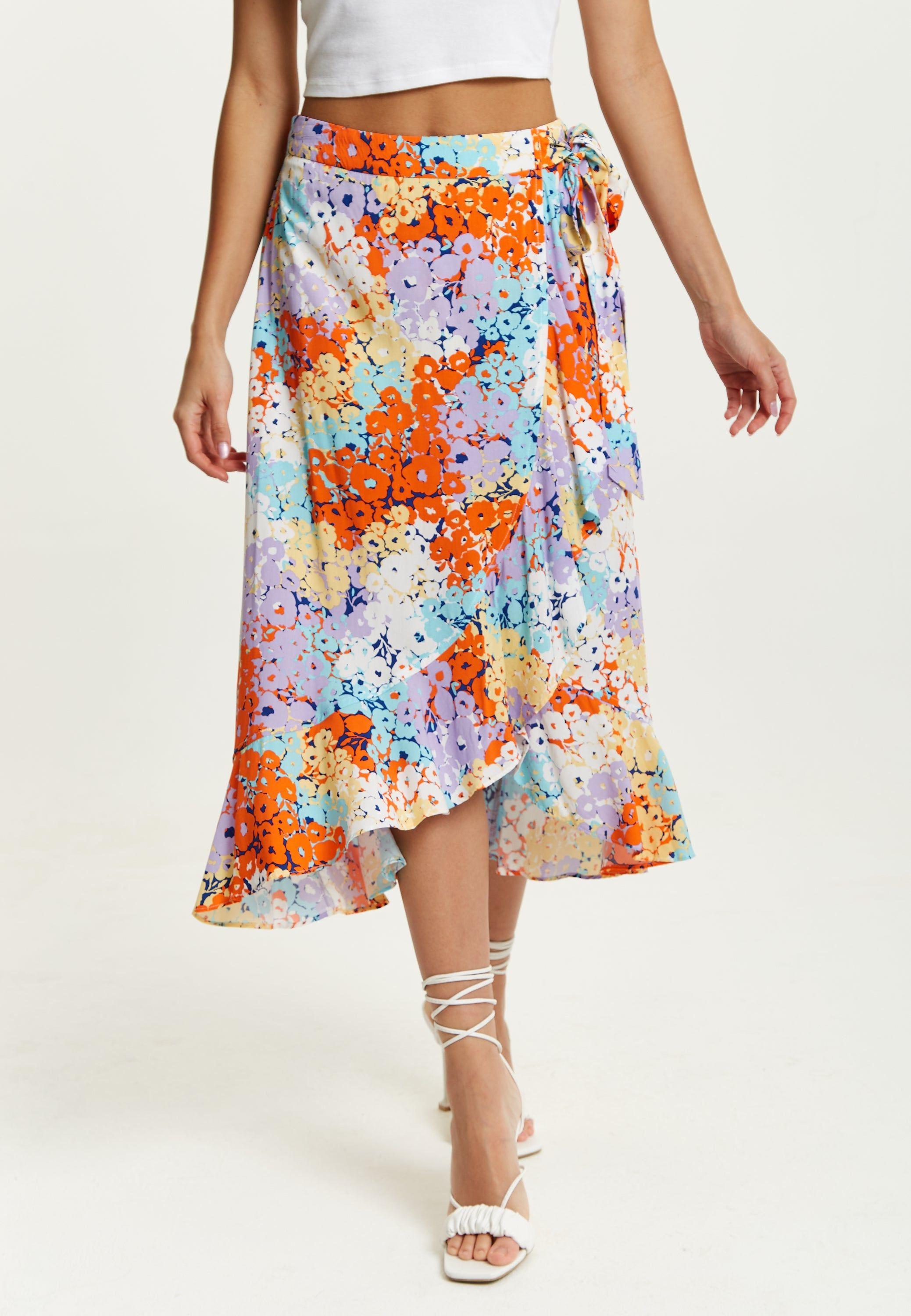 Multicolour Floral Print Midi Wrap Skirt by LIQUORISH