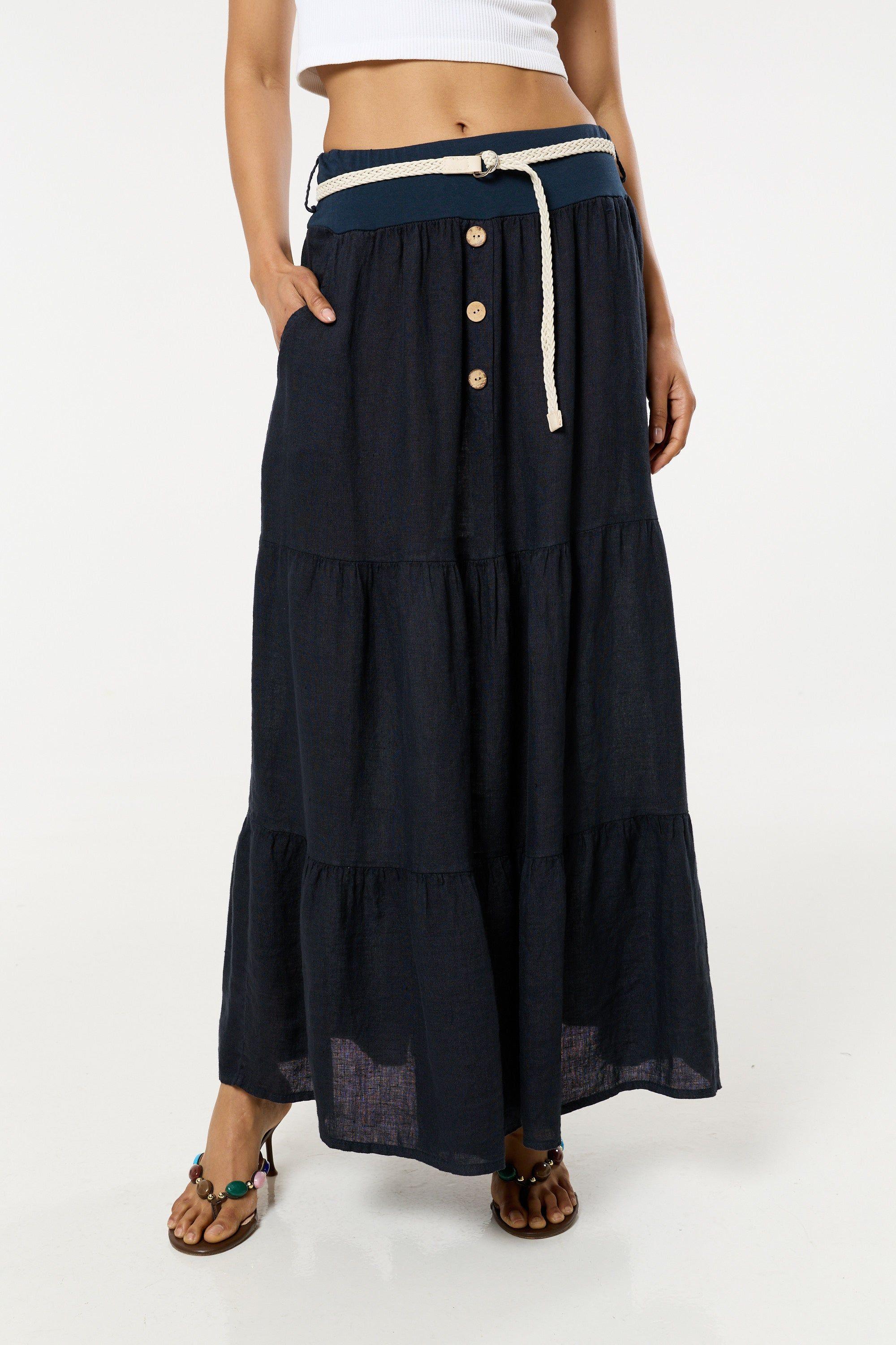 Navy Linen Tiered Maxi Skirt With Belt by LIQUORISH
