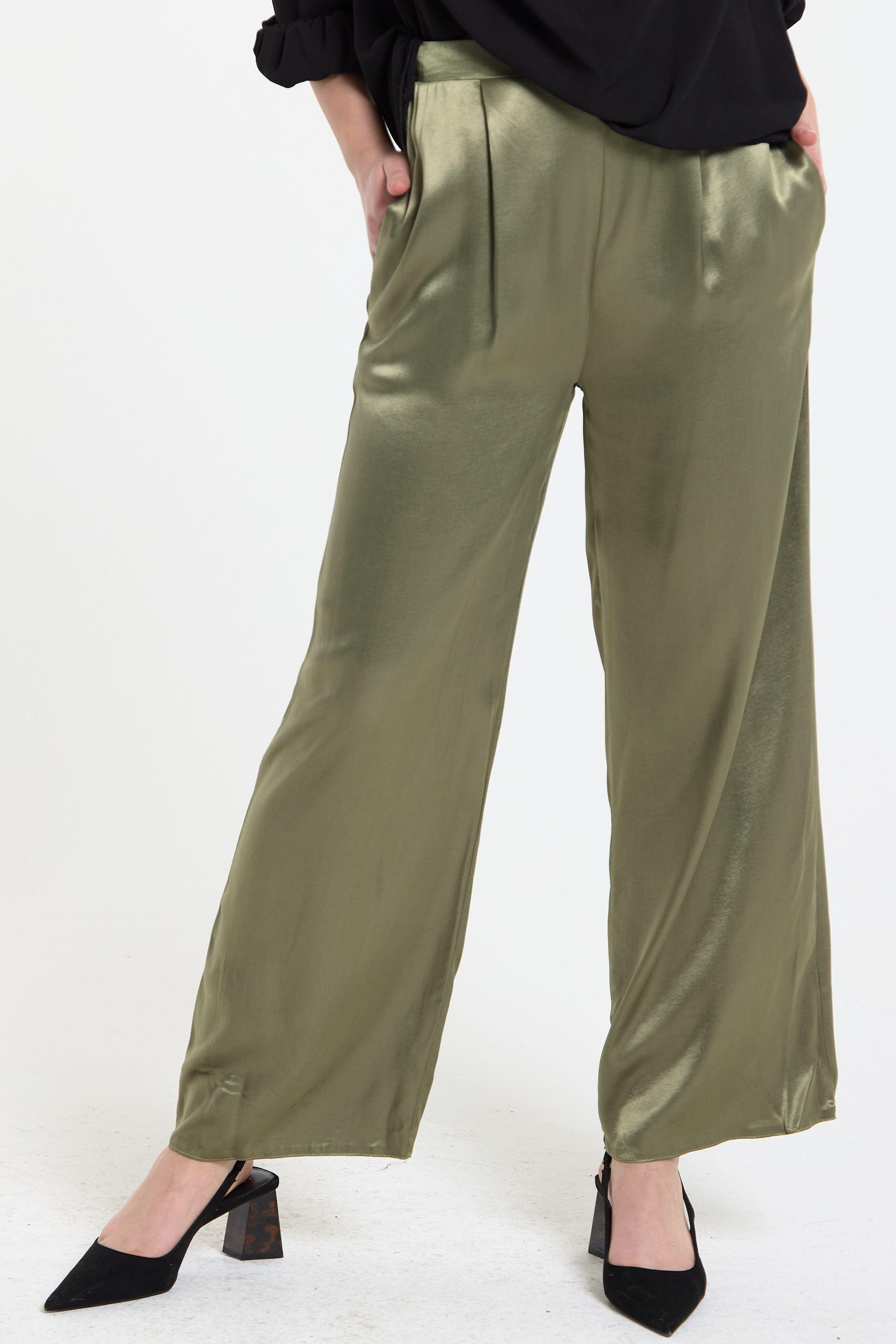 Olive Satin Wide Leg Trousers by LIQUORISH