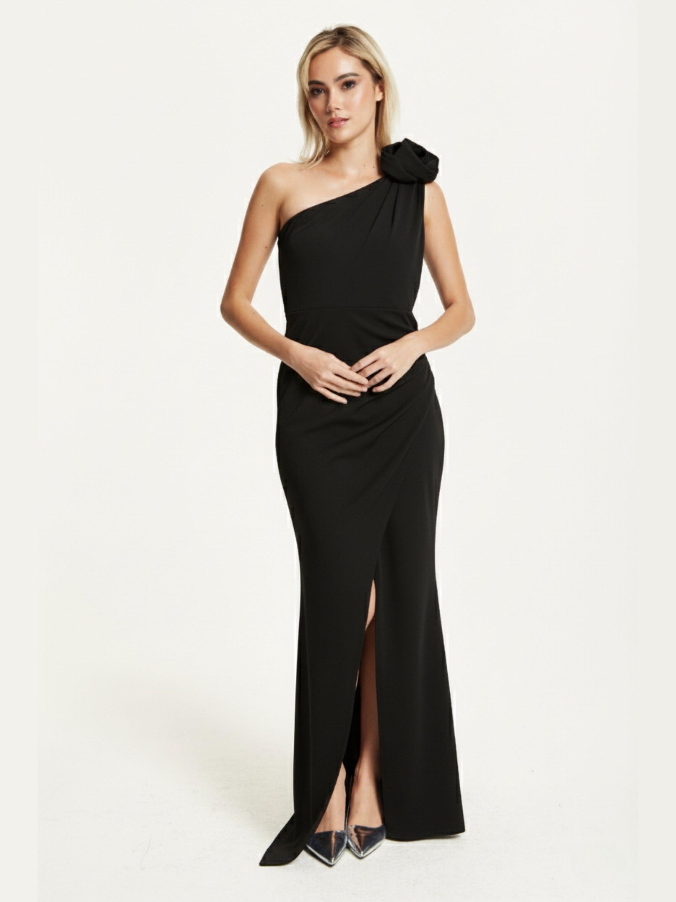 One Shoulder Black Rose Maxi Dress by LIQUORISH