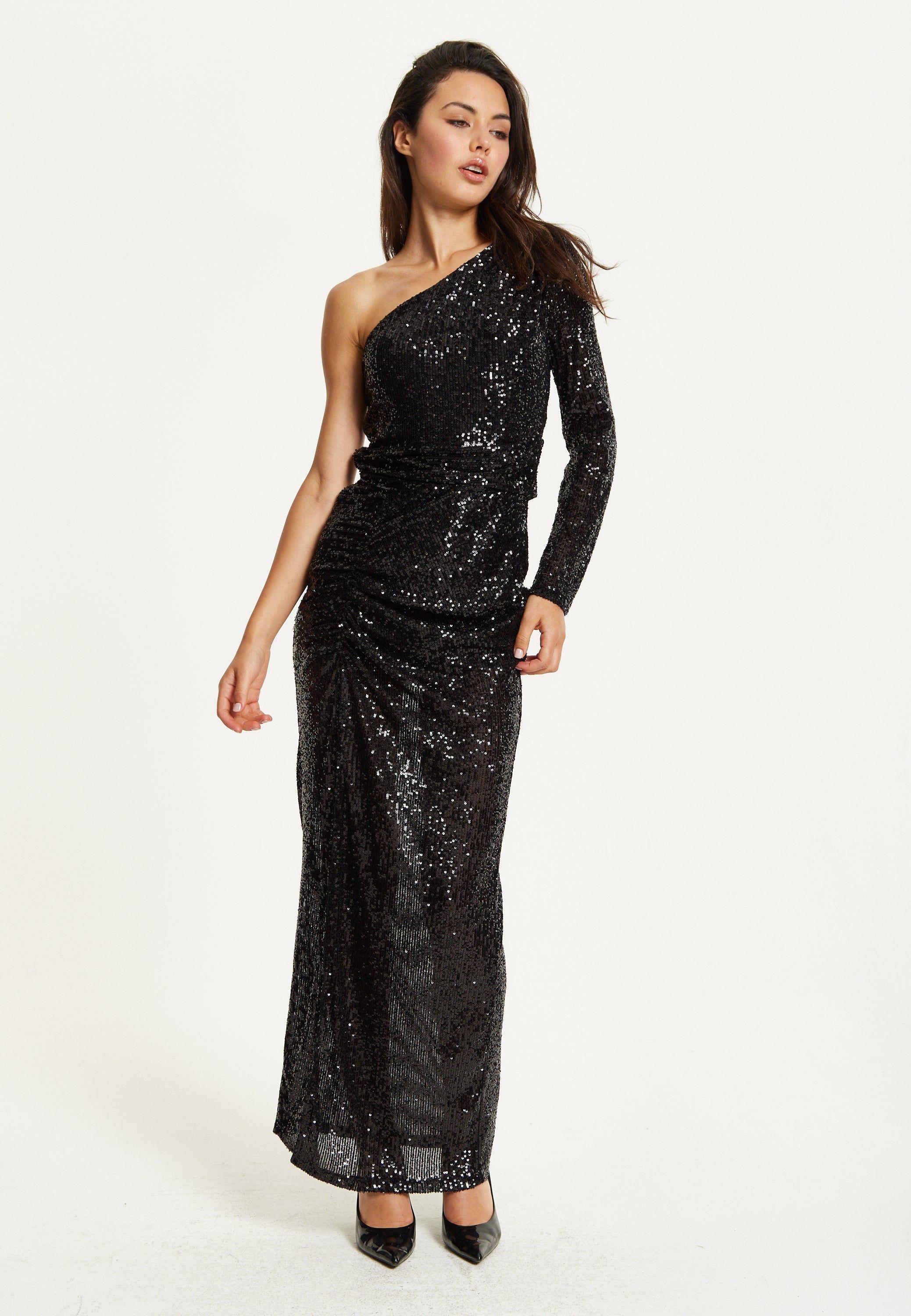 One Shoulder Black Sequin Maxi Dress by LIQUORISH