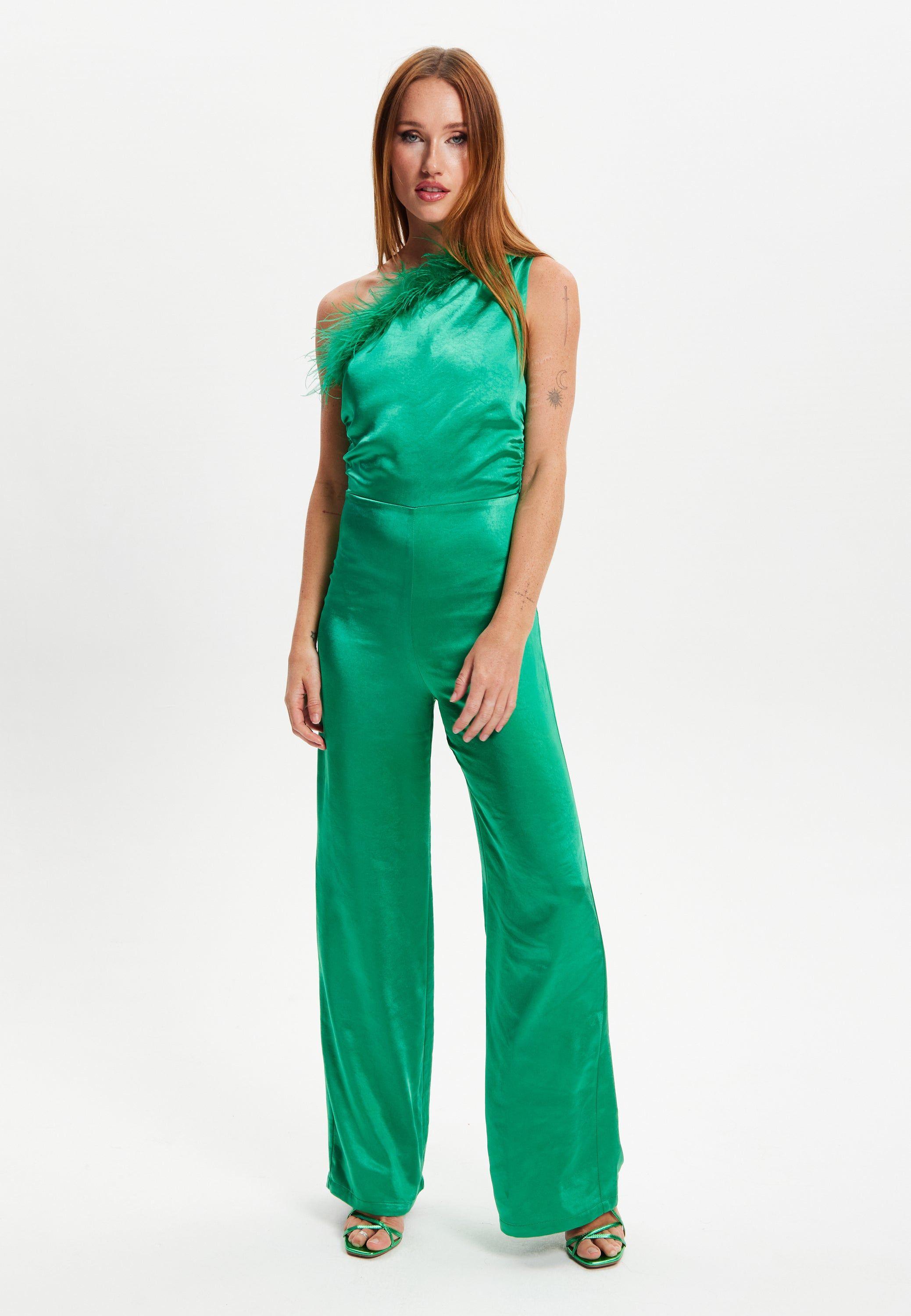 One Shoulder Fur Detail Jumpsuit in Green by LIQUORISH