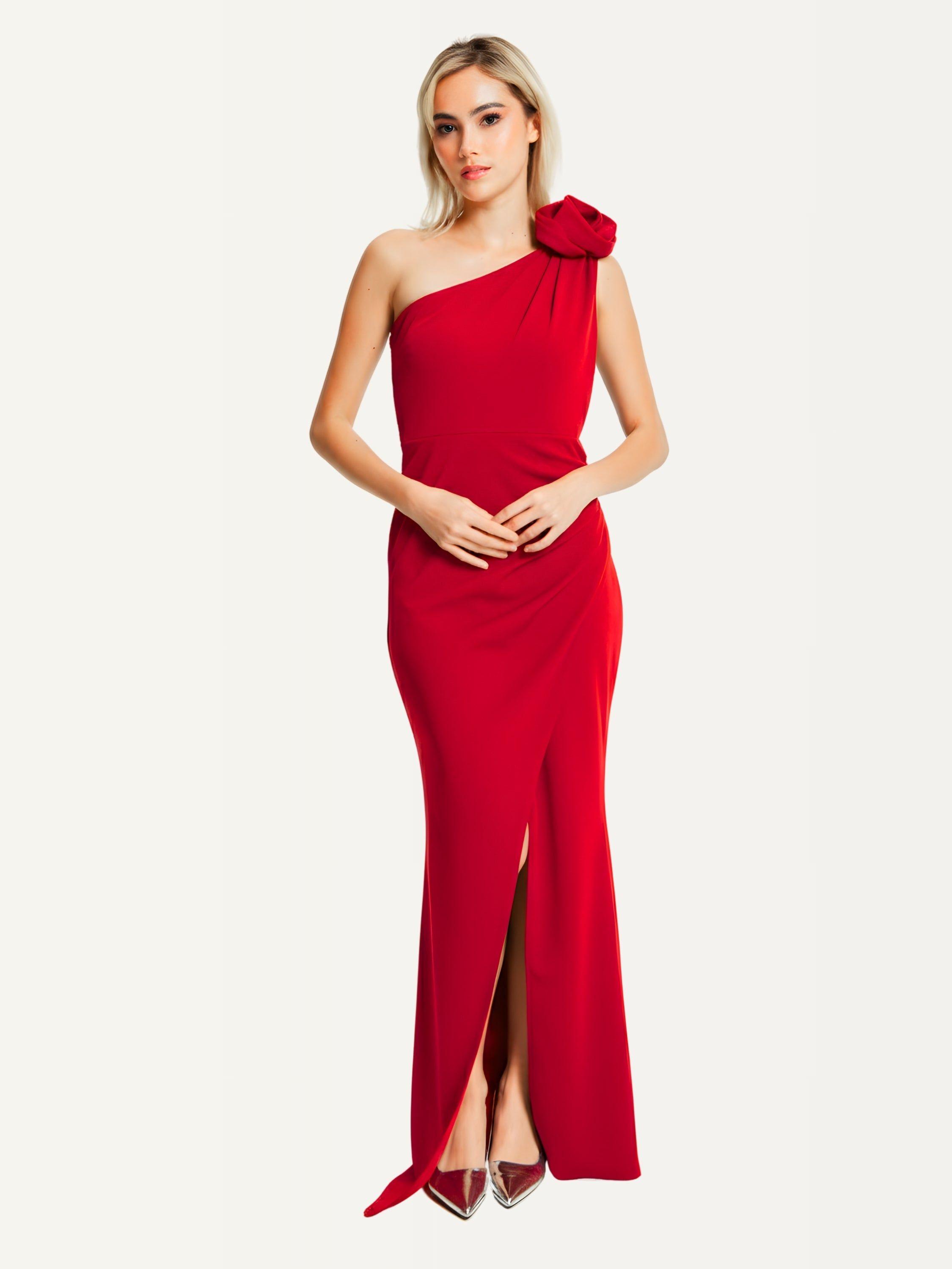 One Shoulder Red Rose Maxi Dress by LIQUORISH