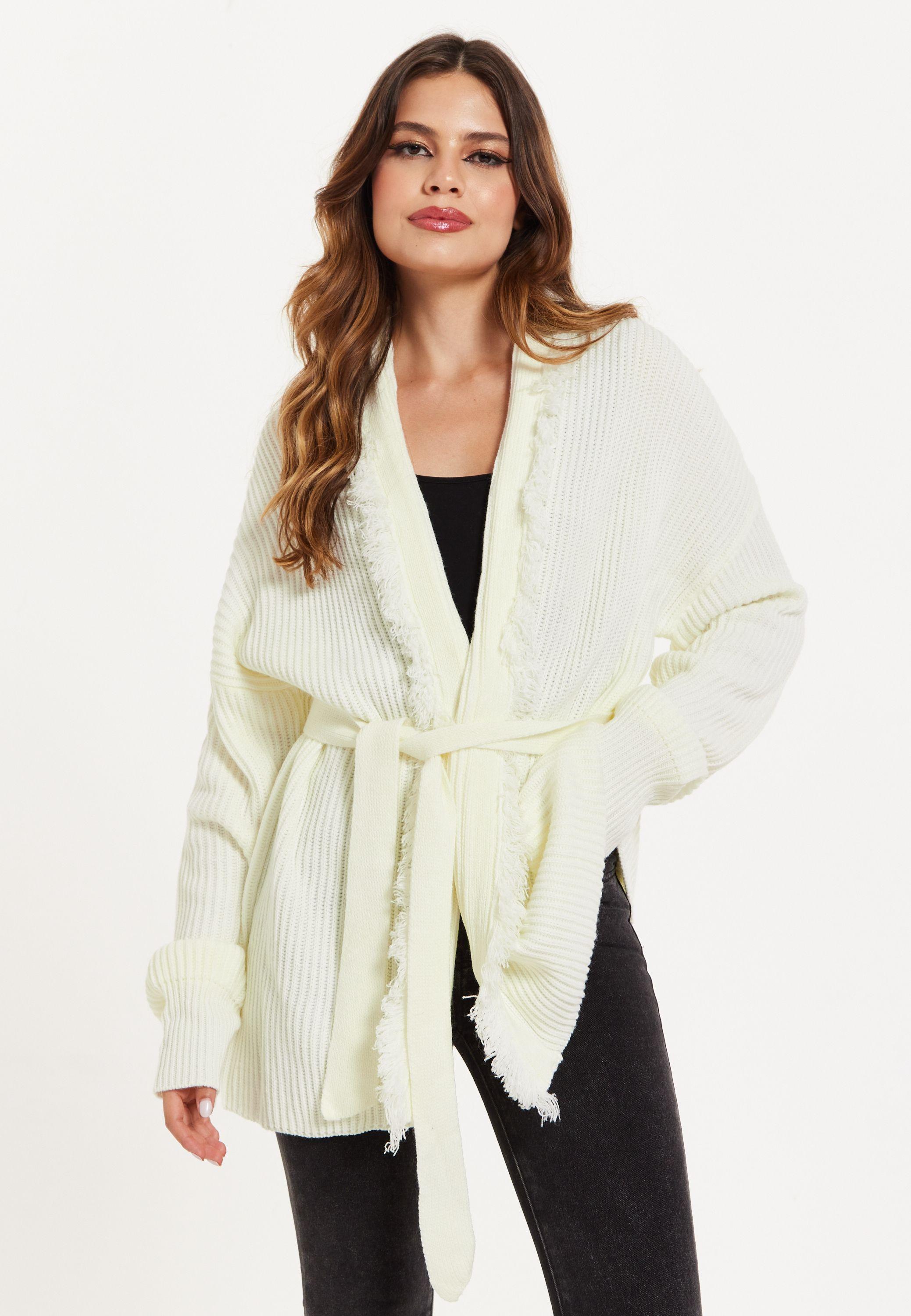Open Front Cream Cardigan With Fringe Details by LIQUORISH