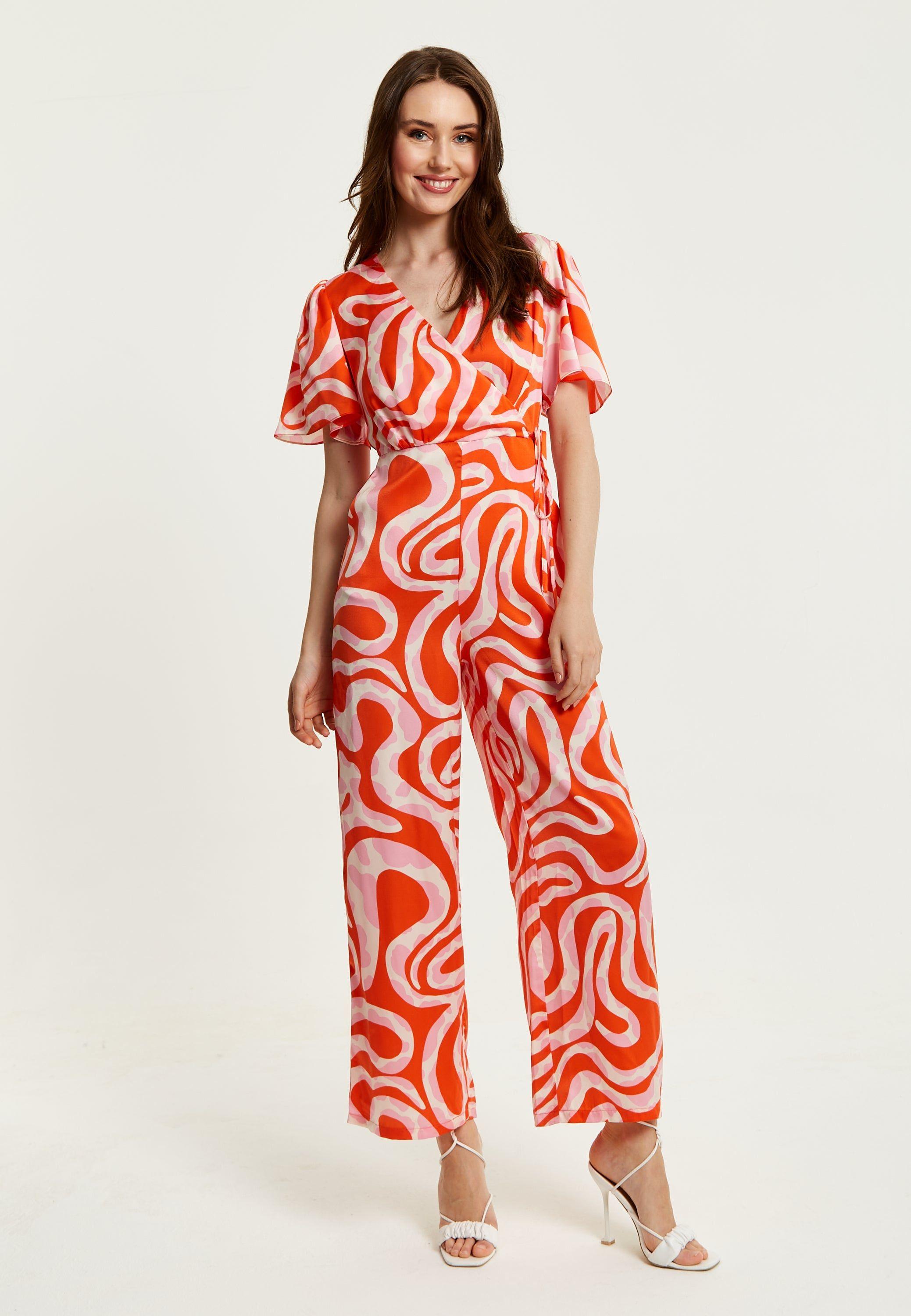 Pink And Red Abstract Print Jumpsuit With Short Sleeves by LIQUORISH