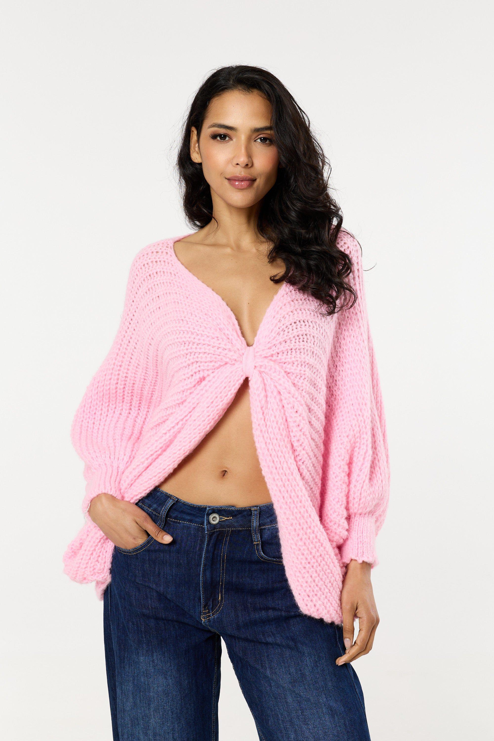 Pink Knot Front Wool Blend Oversized Knit Sweater by LIQUORISH