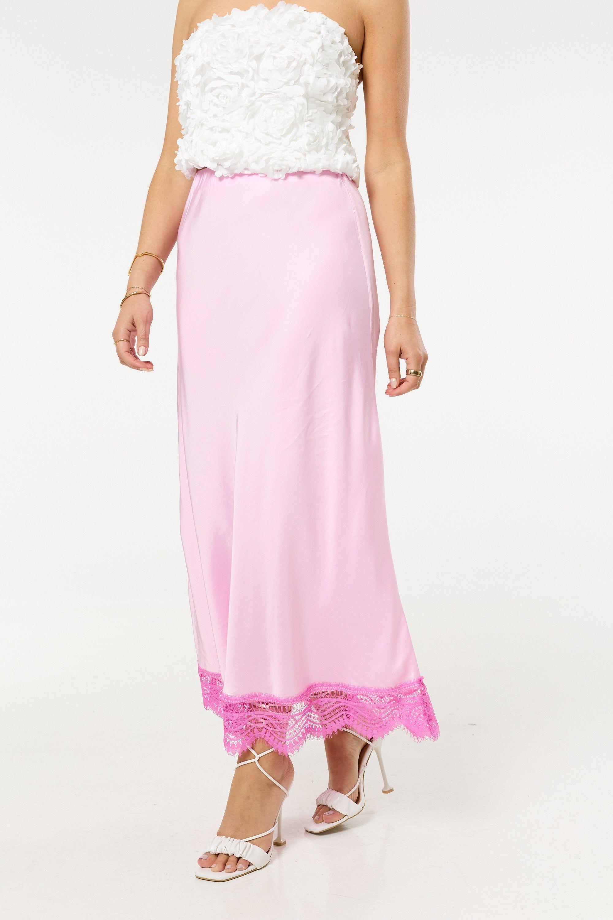 Pink Lace Trim Satin Maxi Skirt by LIQUORISH