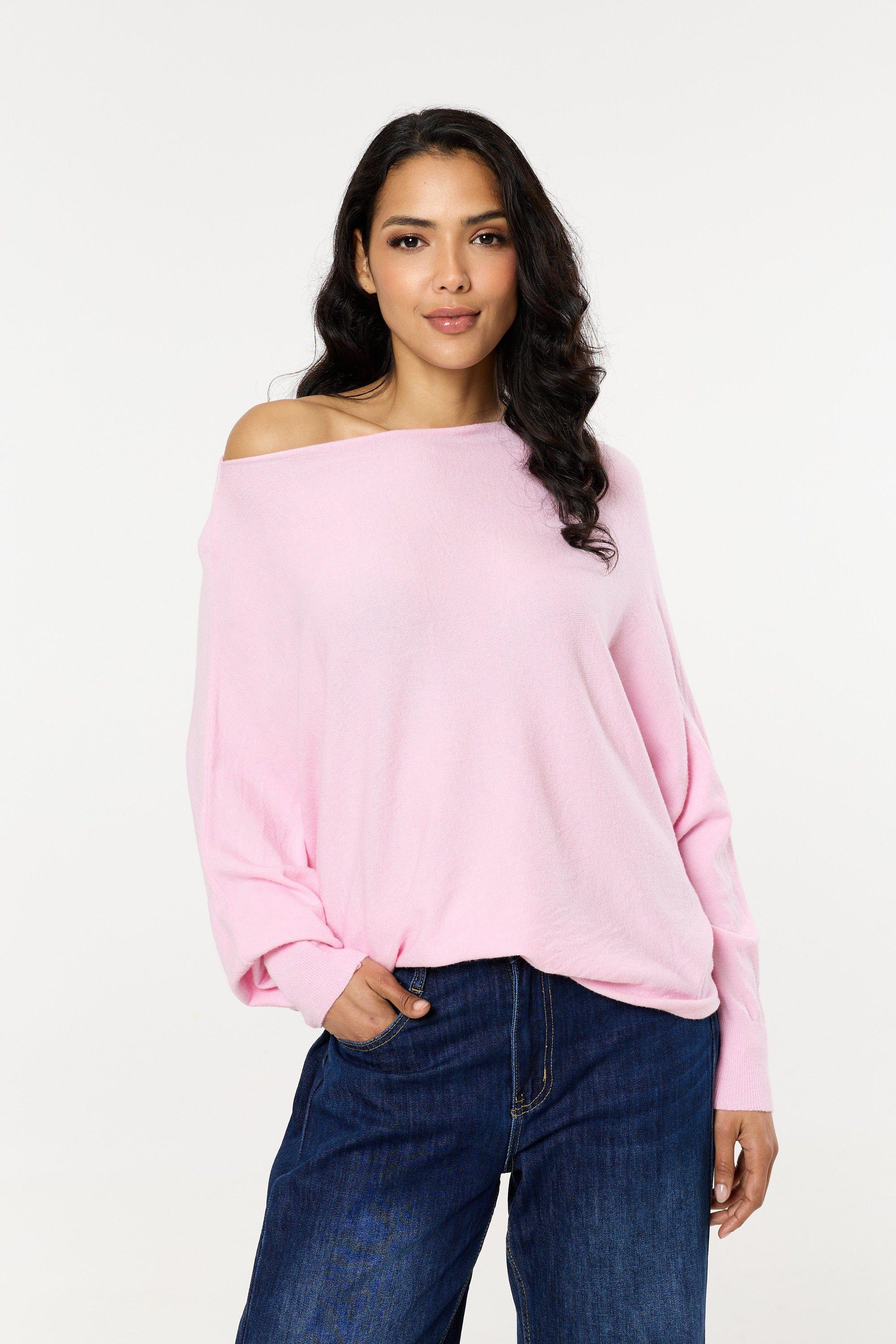 Pink Wool Blend Off Shoulder Batwing Knit Jumper by LIQUORISH