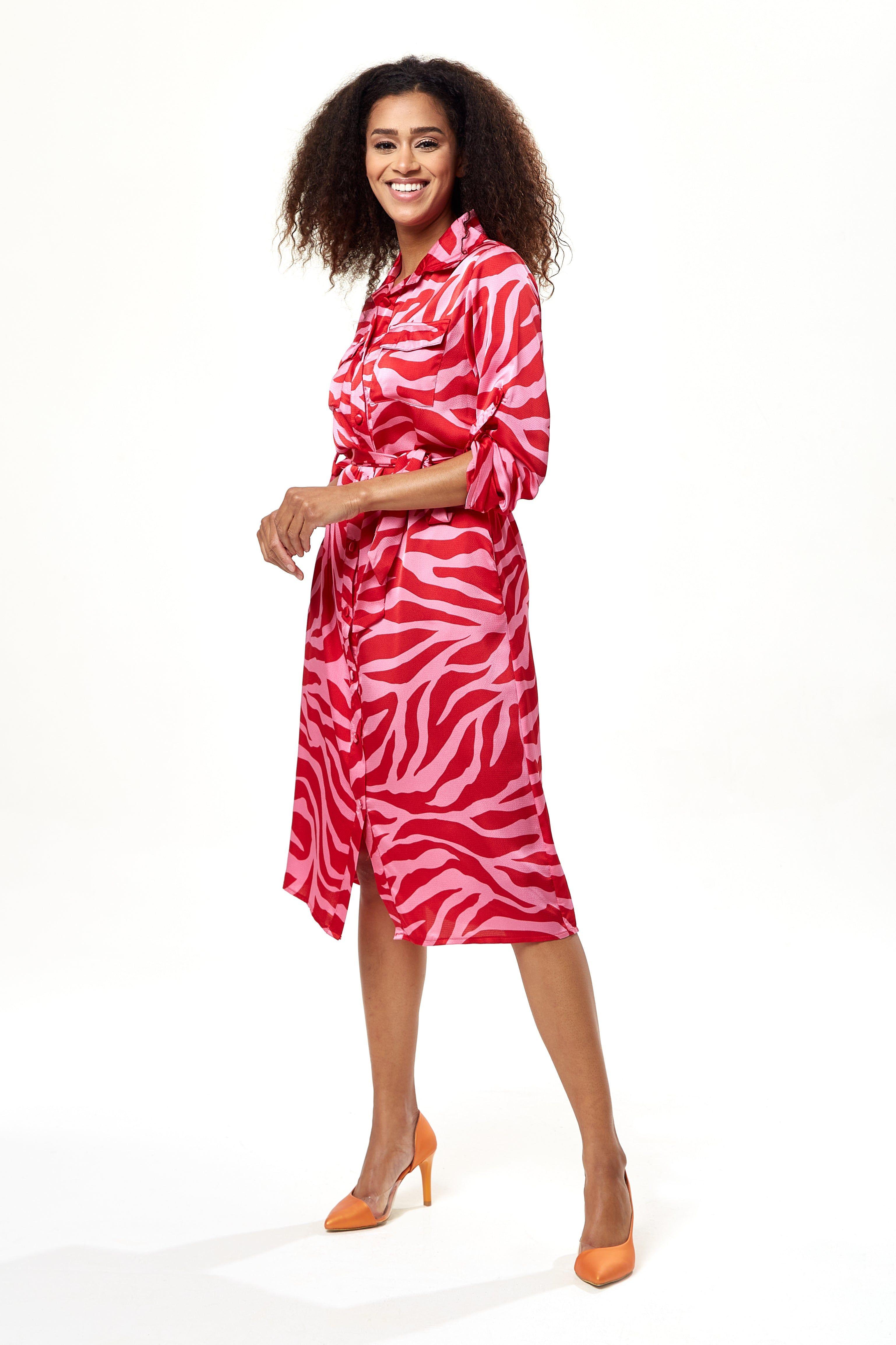 Pink and Red Zebra Print Midi Shirt Dress by LIQUORISH