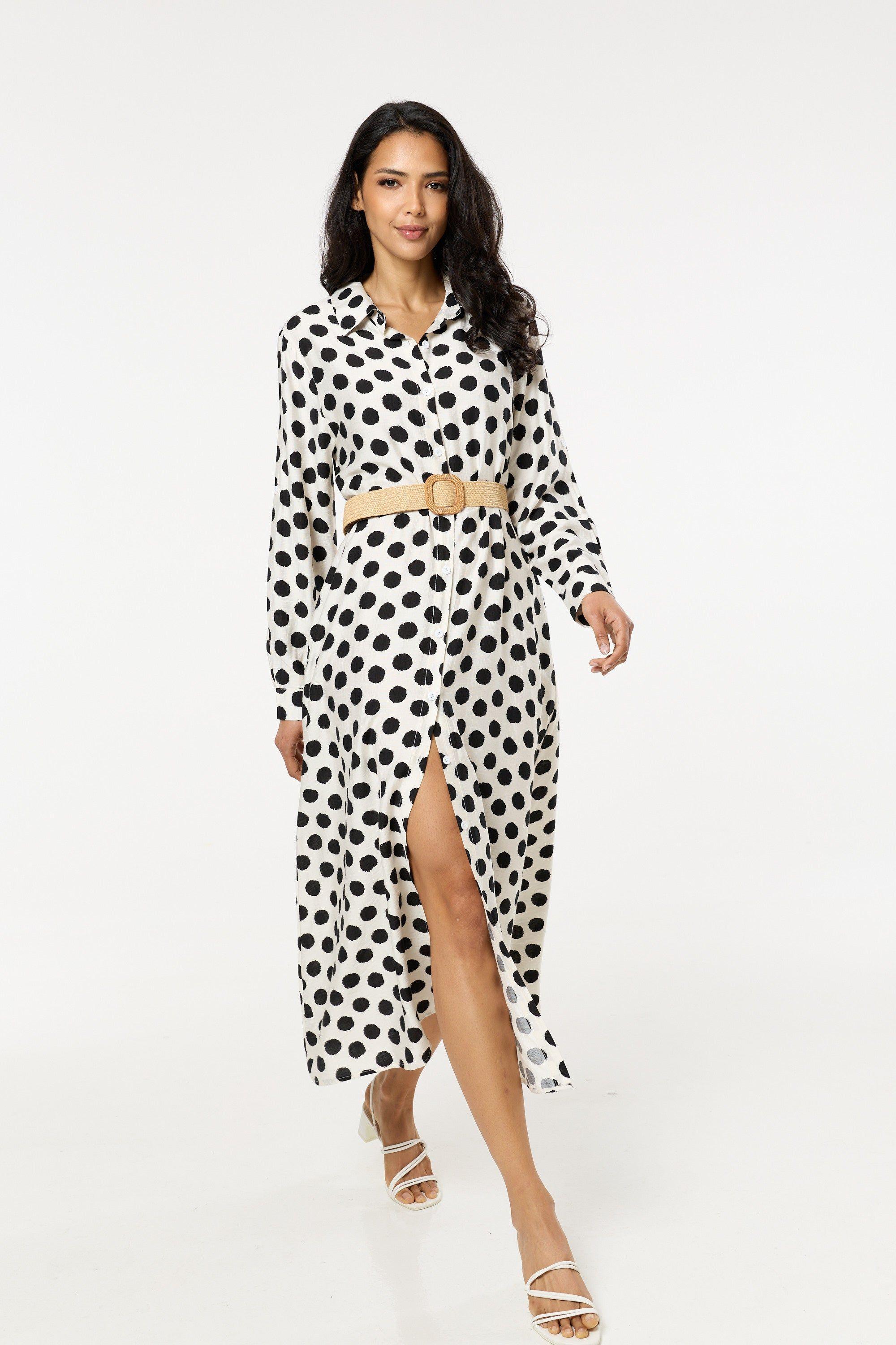 Polka Dot Belted Midi Shirt Dress by LIQUORISH