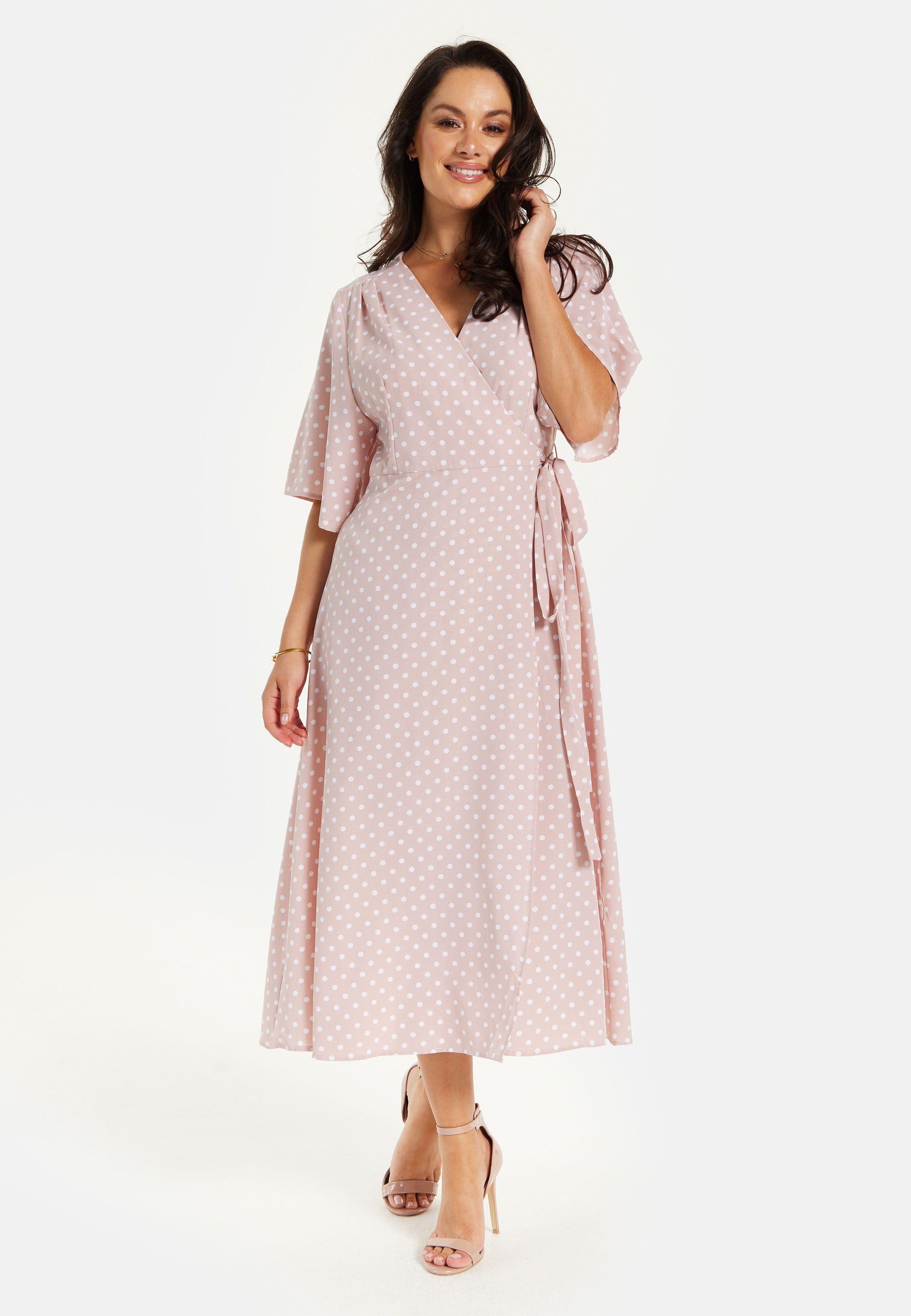 Polka Dot Midi Wrap Dress In Light Pink by LIQUORISH