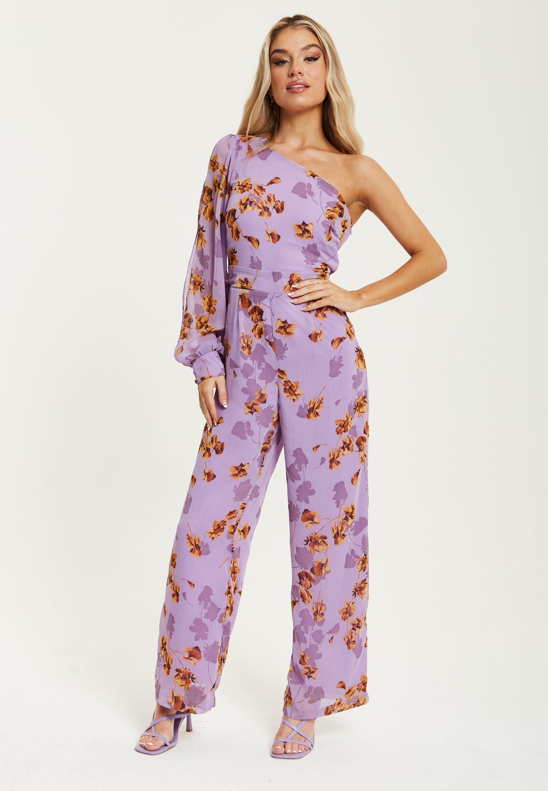 Purple Floral Asymmetrical Jumpsuit by LIQUORISH