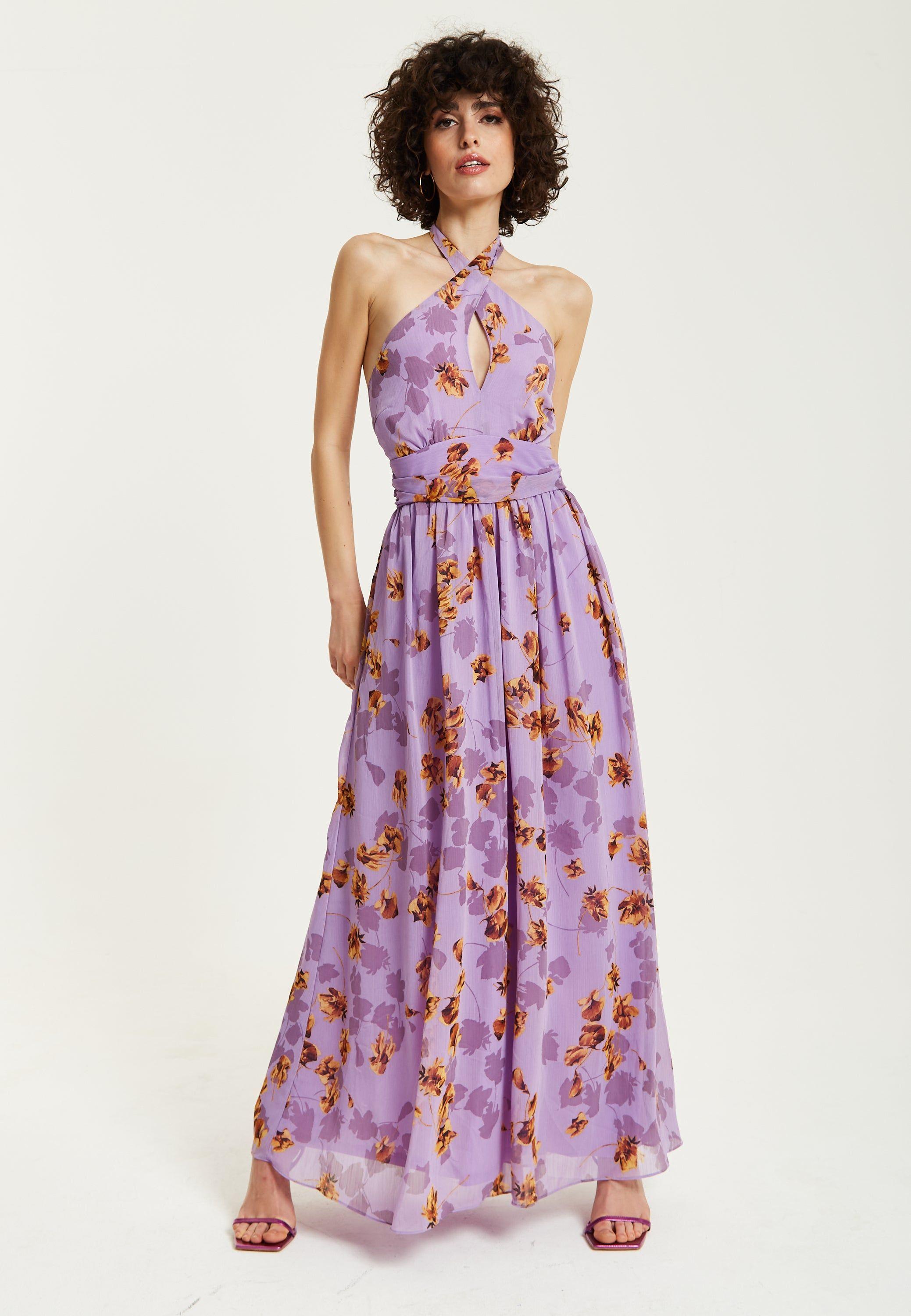 Purple Floral Halter Neck Dress by LIQUORISH