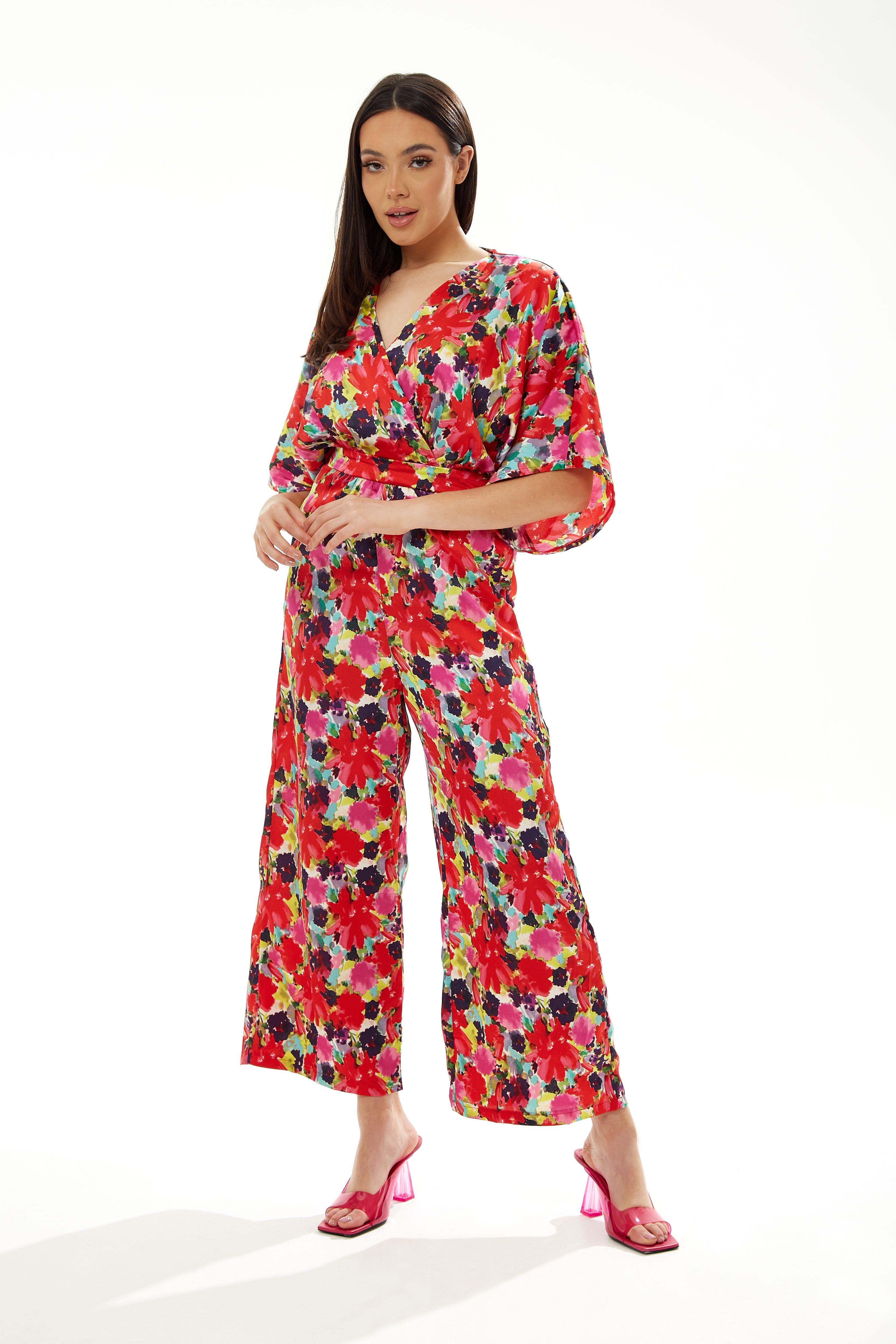 Red Floral Jumpsuit with Short Sleeves by LIQUORISH